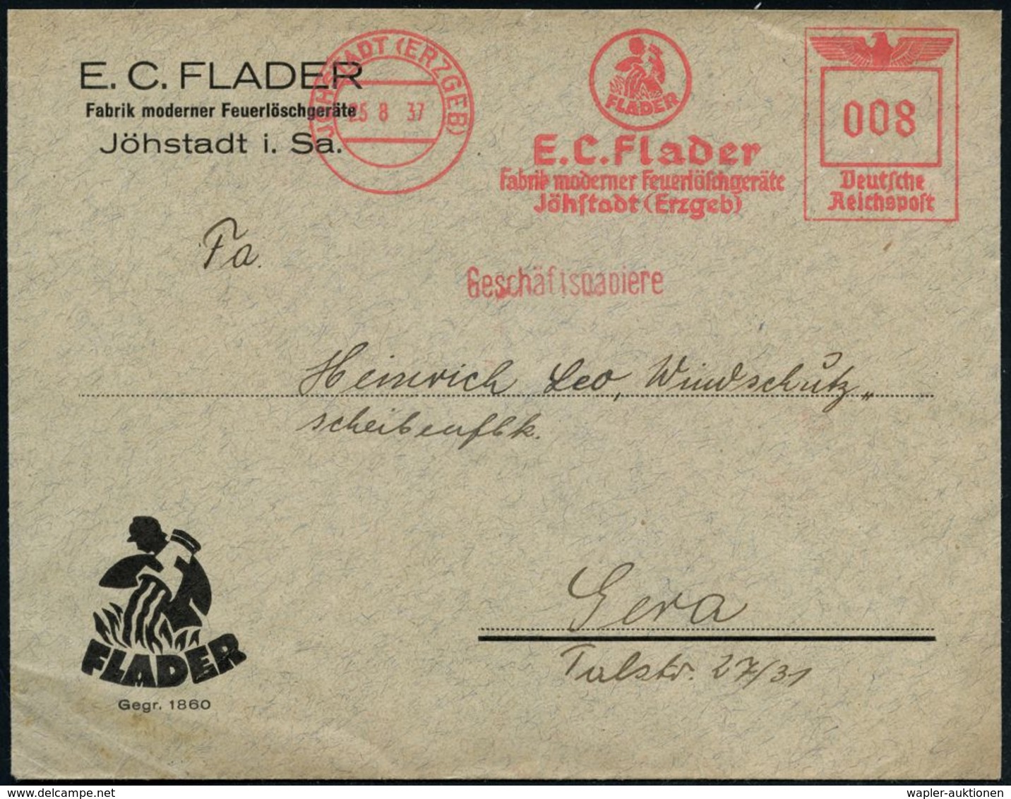 FEUERWEHR / BRANDVERHÜTUNG & -BEKÄMPFUNG : JÖHSTADT (ERZGEB)/ E.C.Flader/ Fabrik Moderner Feuerlöschgeräte 1939 (12.9.)  - Firemen