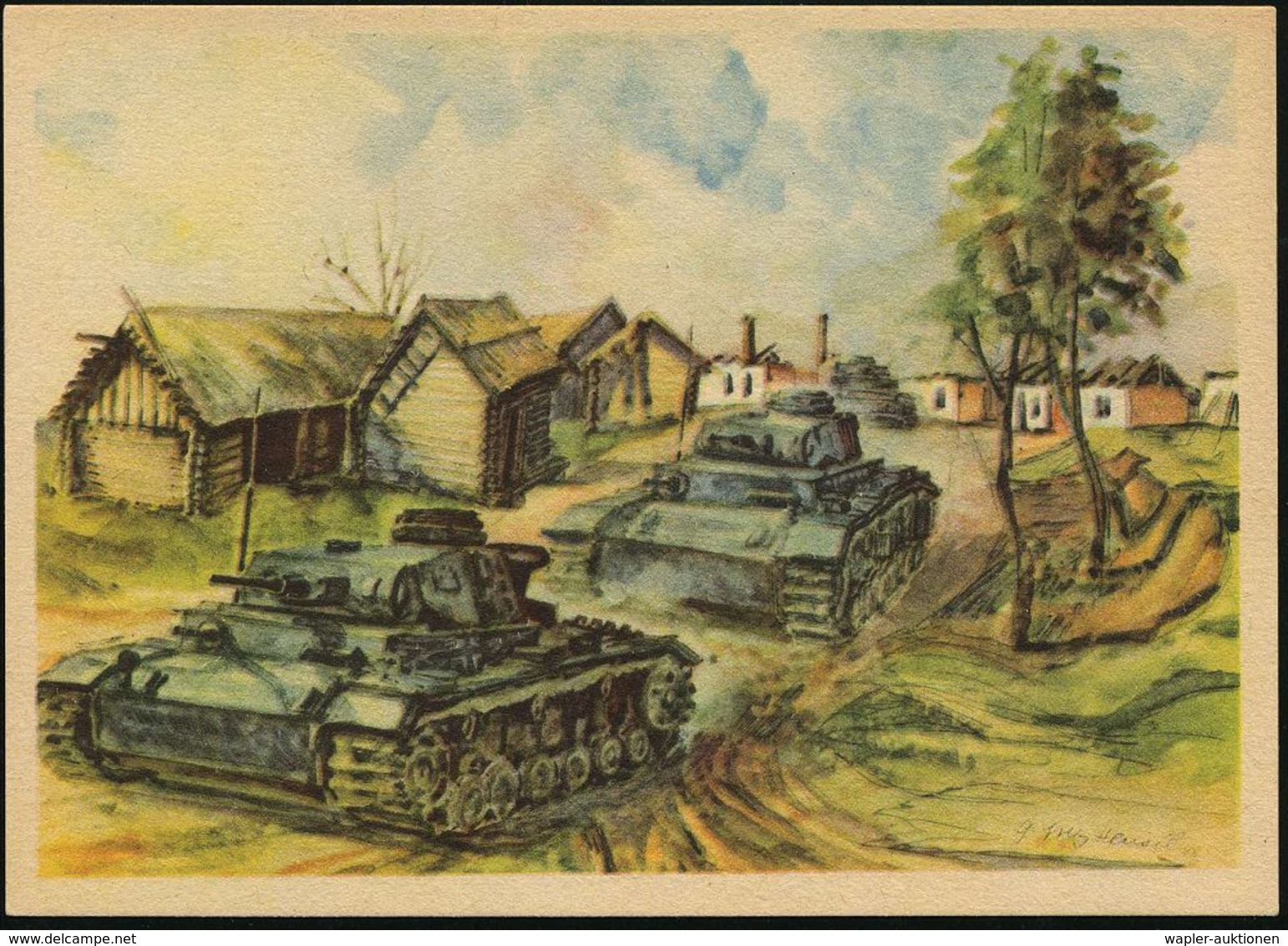 GEPANZERTE KRAFTFAHRZEUGE / PANZER : DEUTSCHES REICH 1942 Color-Künstler-Propaganda-Ak.: Erkundung Nach Dubrowska = Panz - Autres (Terre)
