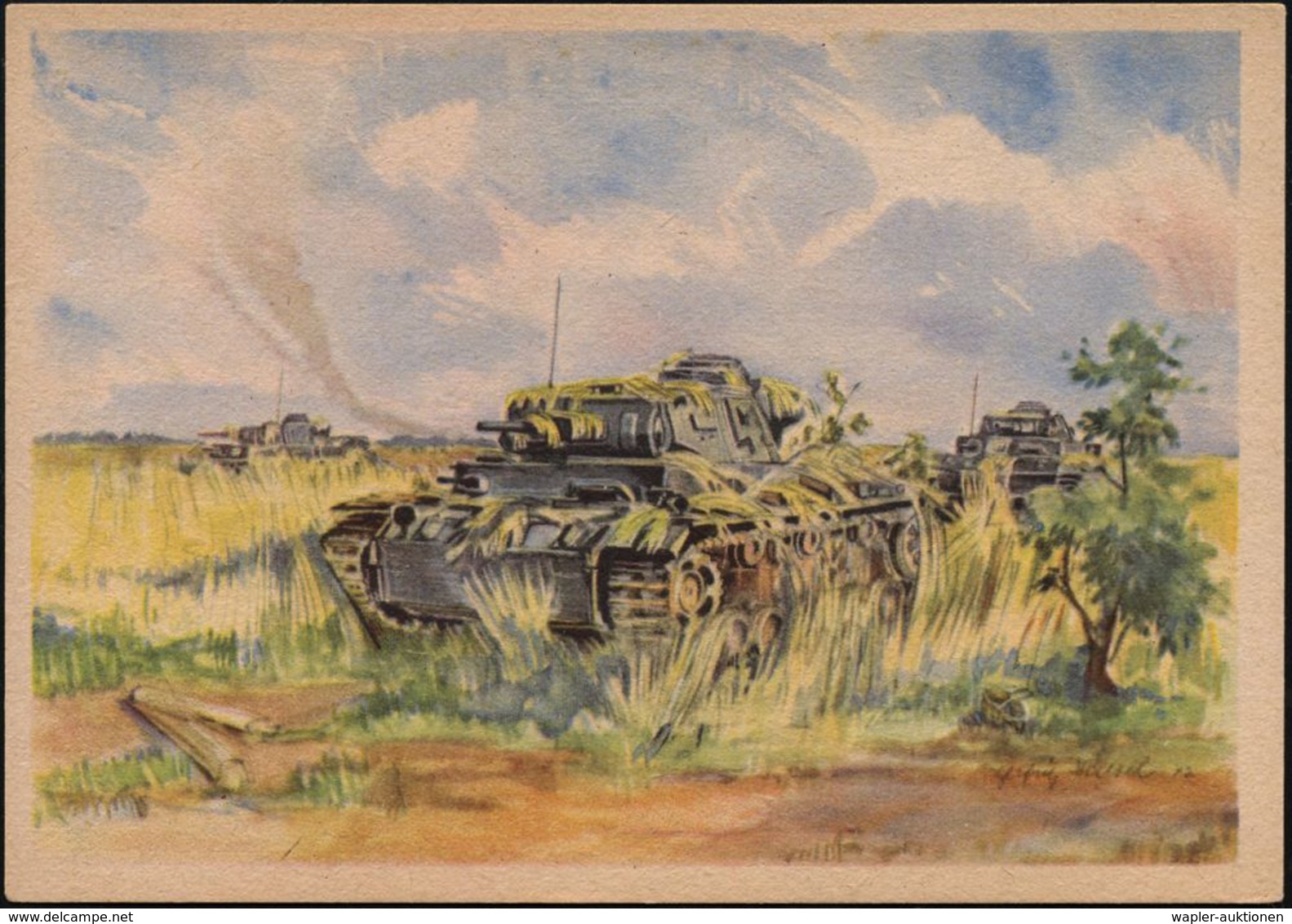 GEPANZERTE KRAFTFAHRZEUGE / PANZER : DEUTSCHES REICH 1942 Color-Künstler-Propaganda-Ak.: GETARNTE PANZER = 3 Panzer III  - Altri (Terra)