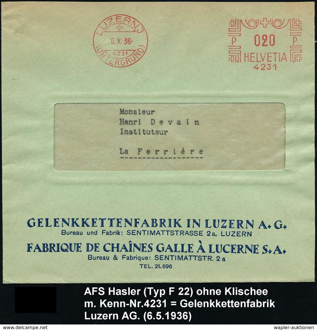 GEPANZERTE KRAFTFAHRZEUGE / PANZER : SCHWEIZ 1936 (12.12.) AFS: LUZERN/(UNTERGRUND)/4231 = Gelenkkettenfabrik Luzern AG  - Altri (Terra)