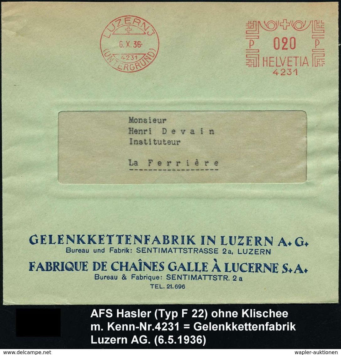 GEPANZERTE KRAFTFAHRZEUGE / PANZER : SCHWEIZ 1936 (12.12.) AFS: LUZERN/(UNTERGRUND)/4231 = Gelenkkettenfabrik Luzern AG  - Other (Earth)