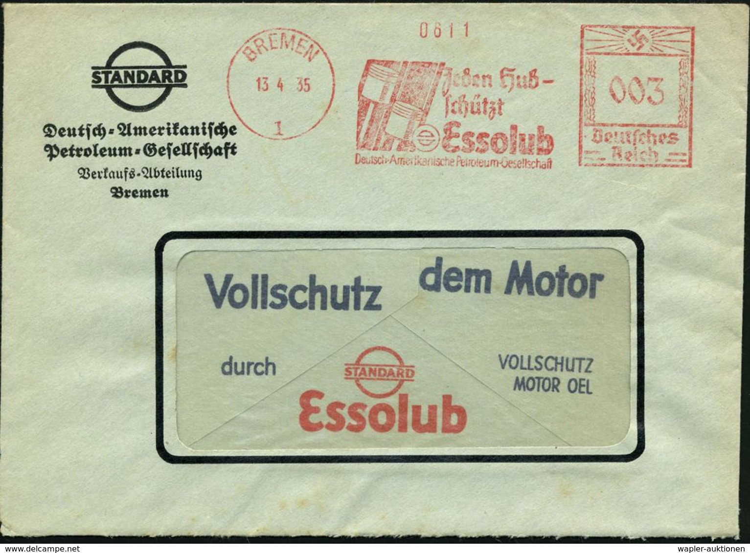 MOTOR & MOTORZUBEHÖR : BREMEN/ 1/ Jeden Hub-/ Schützt/ Essolub/ Deutsch-Amerikanische Petroleum-Ges. 1935 (13.4.) Dekora - Cars