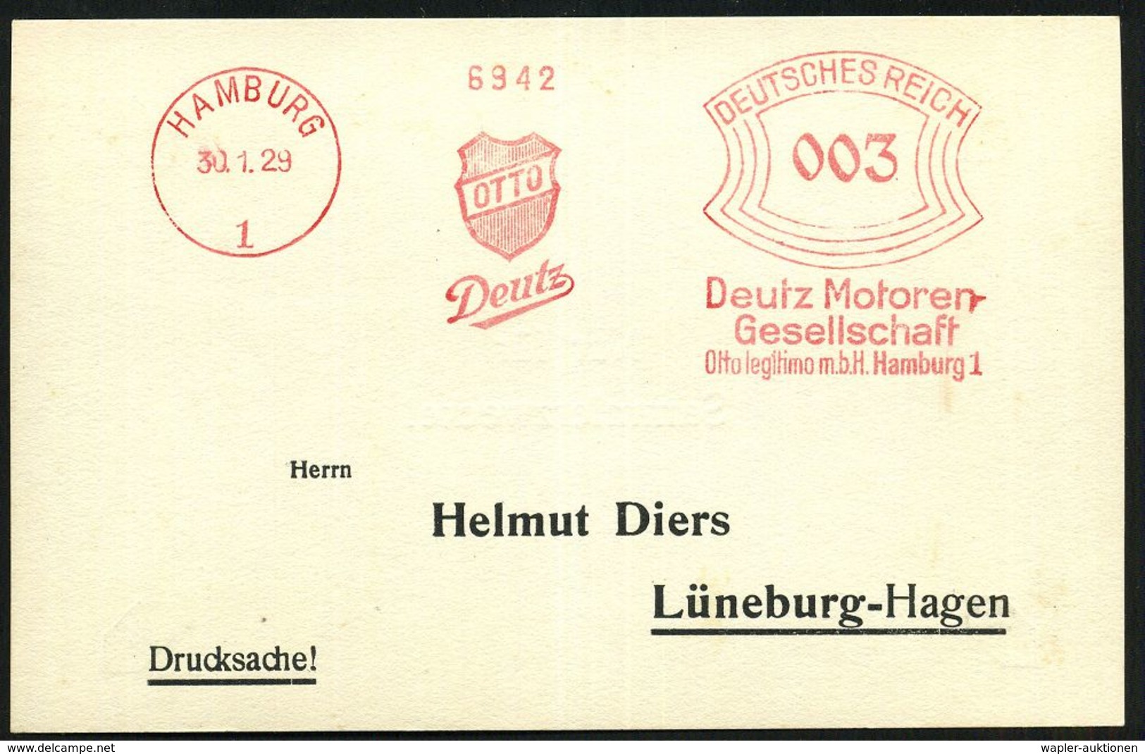 MOTOR & MOTORZUBEHÖR : HAMBURG/ 1/ OTTO/ Deutz/ Deutz Motoren-/ Ges./ Otto Legitimo MbH 1929 (30.1.) Seltener AFS = Auch - Cars