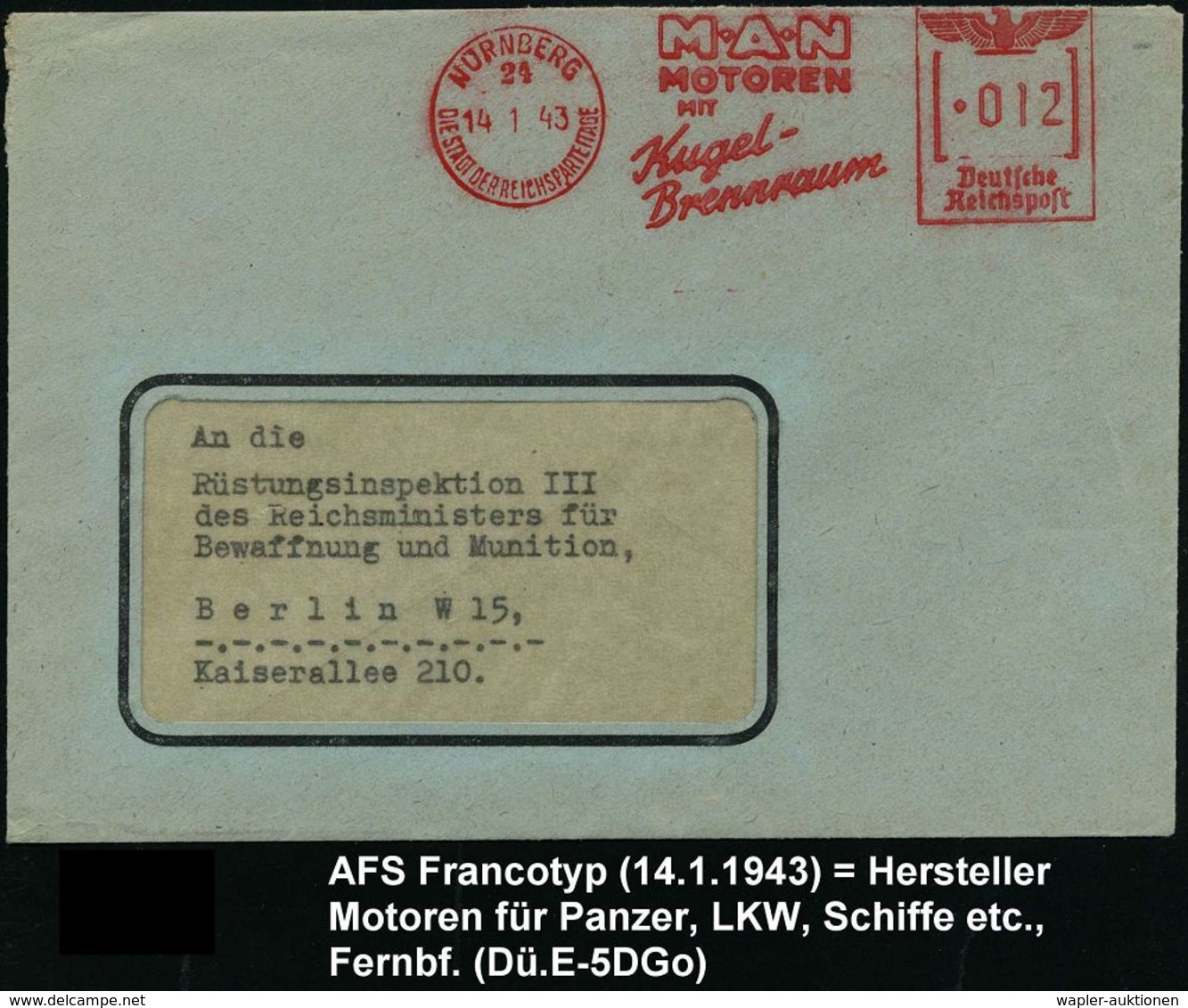 MOTOR & MOTORZUBEHÖR : NÜRNBERG/ 24/ DSDR/ M-A-N/ MOTOREN/ MIT/ Kugel-/ Brennraum 1943 (14.1.) Seltener AFS , Rs. Abs.-V - Autos