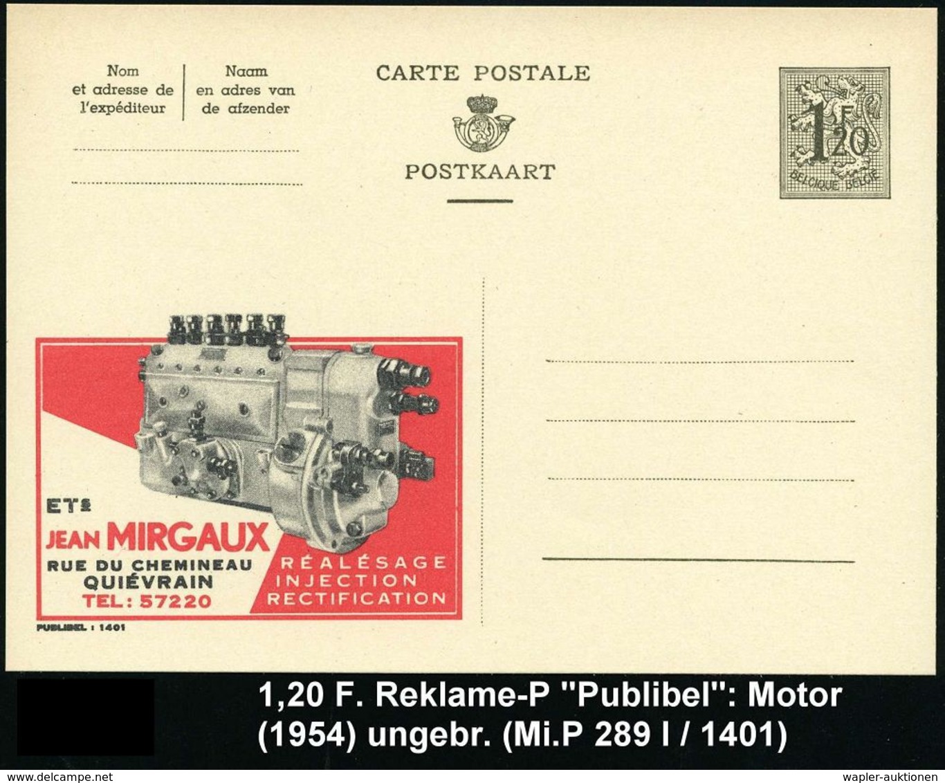 MOTOR & MOTORZUBEHÖR : BELGIEN 1954 1,20 F. Reklame-P, Oliv: JEAN MIRGAUX.. = Motor , Ungebr. (Mi.P 289 I / 1401) - Cars