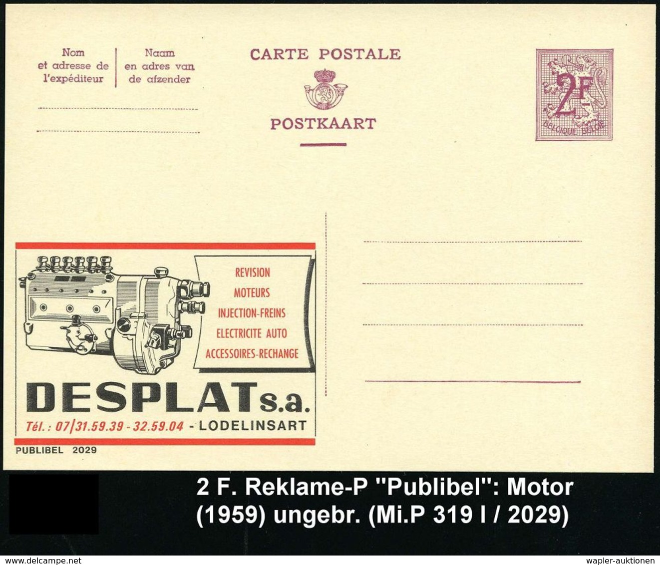 MOTOR & MOTORZUBEHÖR : BELGIEN 1959 2 F. Reklame-P, Weinrot: REVISION/MOTEURS../DESPLAT S.a. = Motor , Ungebr. (Mi.P 319 - Cars