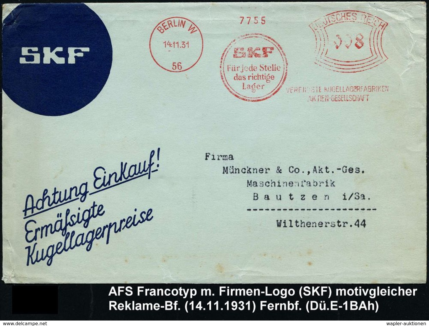 AUTOZUBEHÖR / KRAFTFAHRZEUGZUBEHÖR : BERLIN W/ 56/ SKF../ VEREINIGTE KUGELLAGERFABRIKEN/ AG 1931 (14.11.) AFS = Firmen-L - Voitures