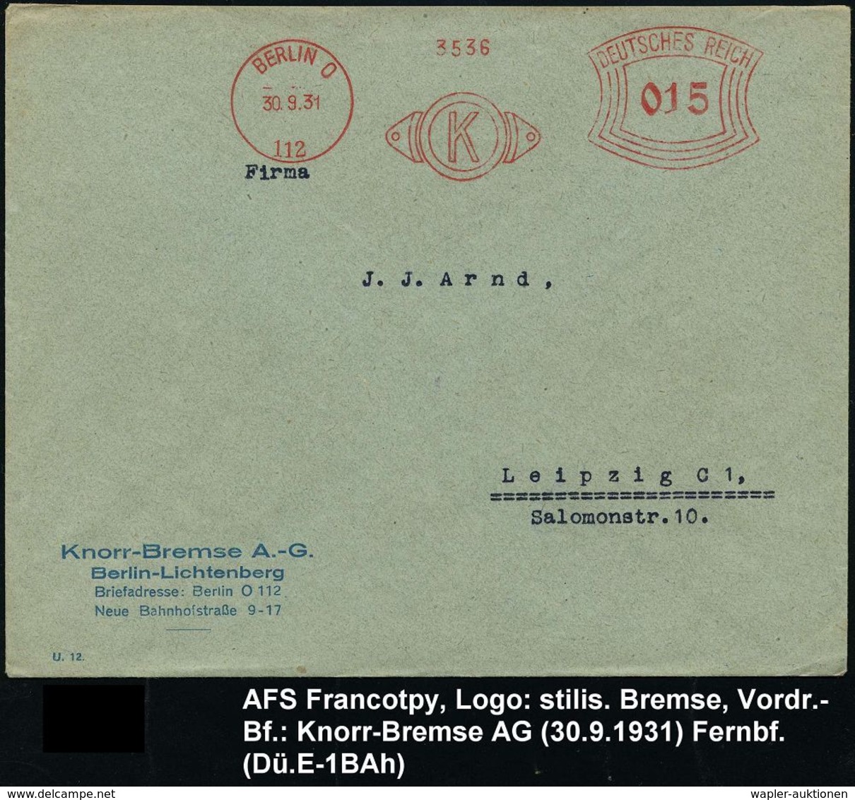 AUTOZUBEHÖR / KRAFTFAHRZEUGZUBEHÖR : BERLIN O/ 112/ K 1932 AFS = Stilis. Bremszylinder U. Bremsbacke (= Firmen-Logo) Fir - Automobili