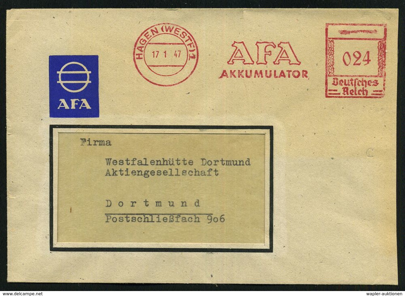 AUTOZUBEHÖR / KRAFTFAHRZEUGZUBEHÖR : HAGEN (WESTF) 1/ AFA/ AKKUMULATOR 1947 (17.1.) Aptierter AFS = Hakenkreuz Entfernt, - Autos