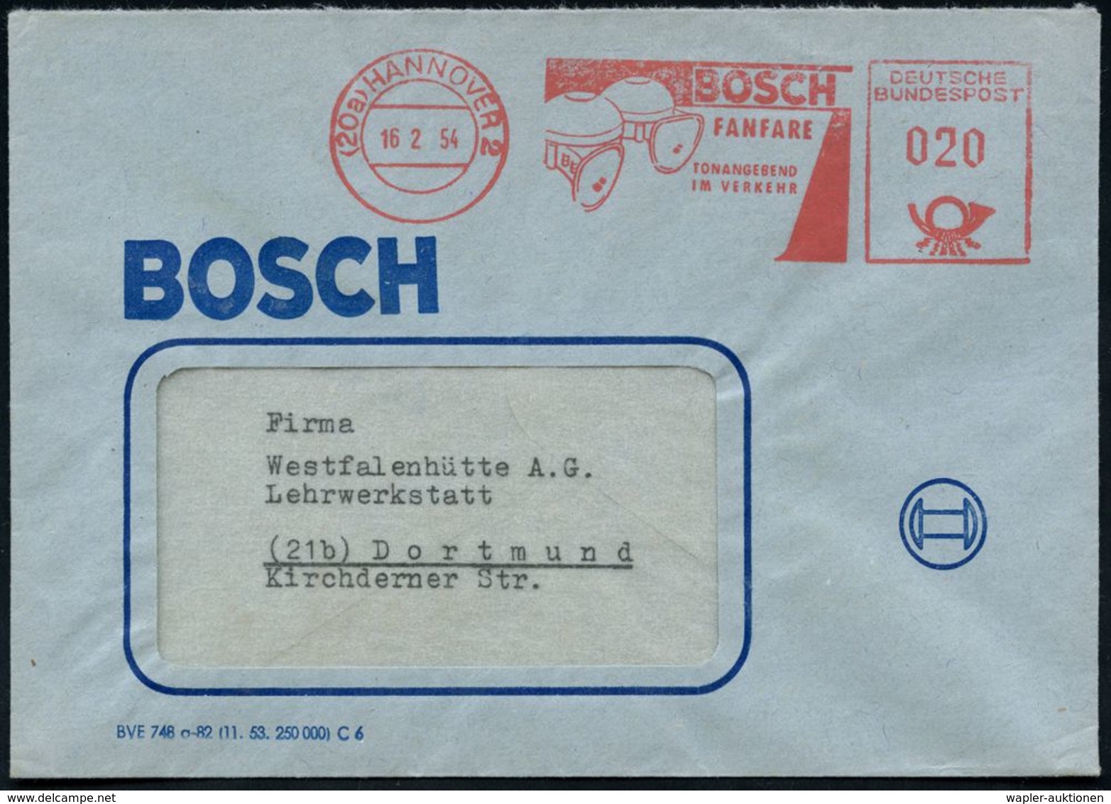 AUTOZUBEHÖR / KRAFTFAHRZEUGZUBEHÖR : (20a9 HANNOVER/ BOSCH/ FANFARE/ TONANGEBEND/ IM VERKEHR 1954 (16.2.) AFS = Doppel-F - Autos