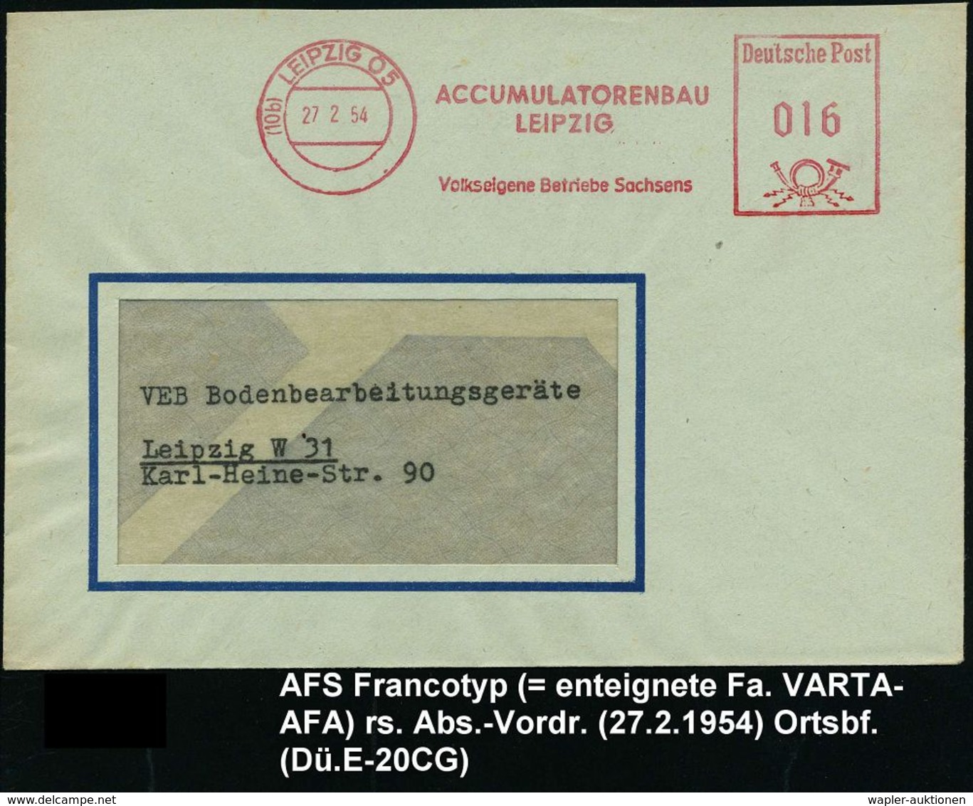 AUTOZUBEHÖR / KRAFTFAHRZEUGZUBEHÖR : (10 B) LEIPZIG O5/ ACCUMULATORENBAU/ LEIPZIG.. 1954 (27.2.) AFS , Rs. Abs.-Vordruck - Cars