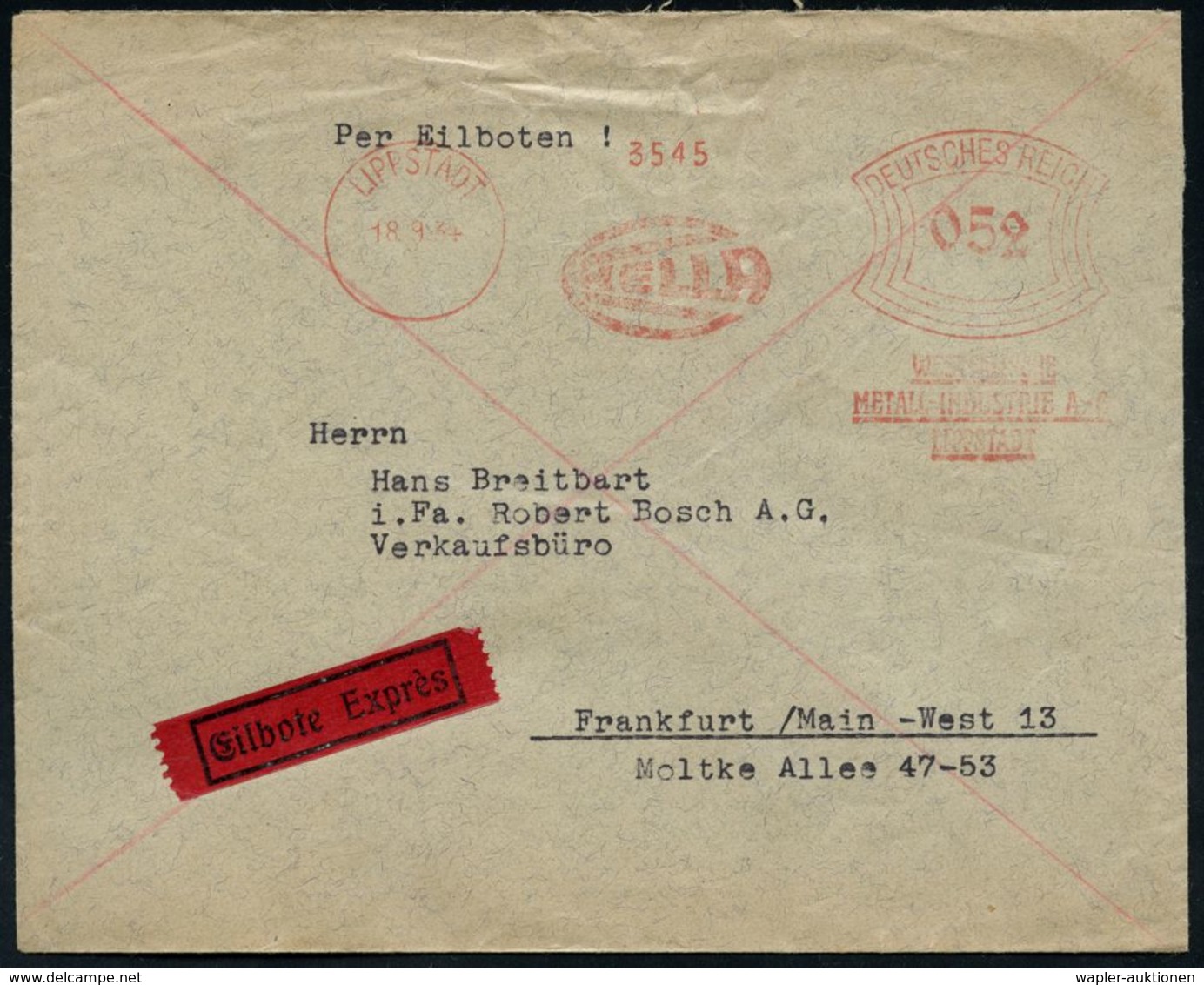 AUTOZUBEHÖR / KRAFTFAHRZEUGZUBEHÖR : LIPPSTADT/ HELLA/ WESTFÄLISCHE/ METALL-INDUSTRIE-AG 1934 (18.9.) AFS 052 Pf. = Firm - Voitures