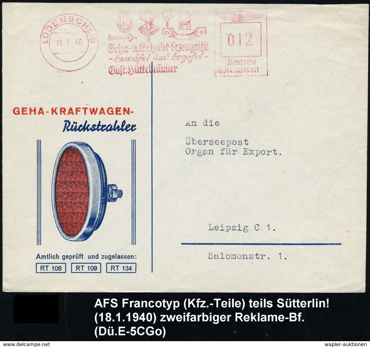 AUTOZUBEHÖR / KRAFTFAHRZEUGZUBEHÖR : LÜDENSCHEID/ Geha-u.Gehalit-Erzeugnisse/ ..Gust.Hüttelräuker 1940 (18.1.) AFS, Teil - Voitures