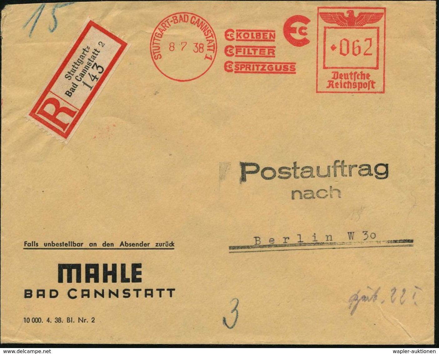 AUTOZUBEHÖR / KRAFTFAHRZEUGZUBEHÖR : STUTTGART-CANNSTATT 1/ MC KOLBEN/ MC FILTER/ MC SPRITZGUSS 1938 (8.7.) AFS 062 Pf.  - Voitures