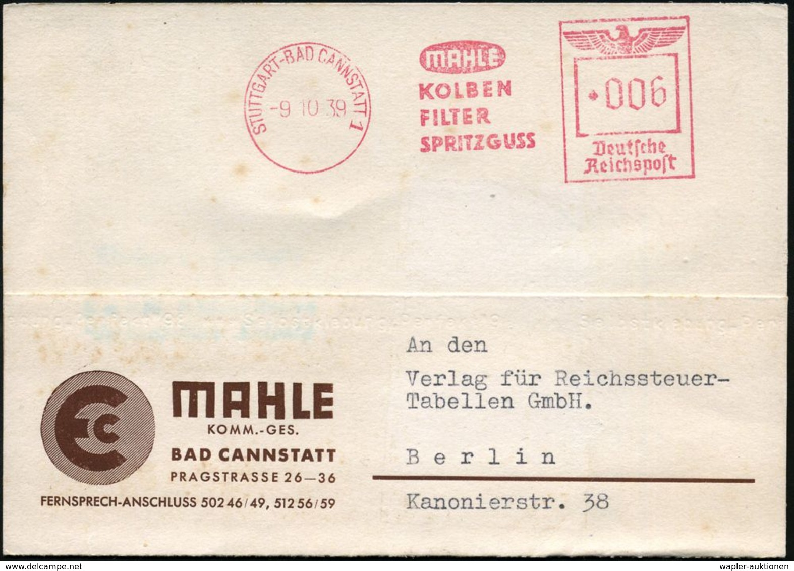 AUTOZUBEHÖR / KRAFTFAHRZEUGZUBEHÖR : STUTTGART-BAD CANNSTATT 1/ MAHLE/ KOLBEN/ FILTER/ SPITZGUSS 1939 (9.10.) AFS = Wich - Voitures