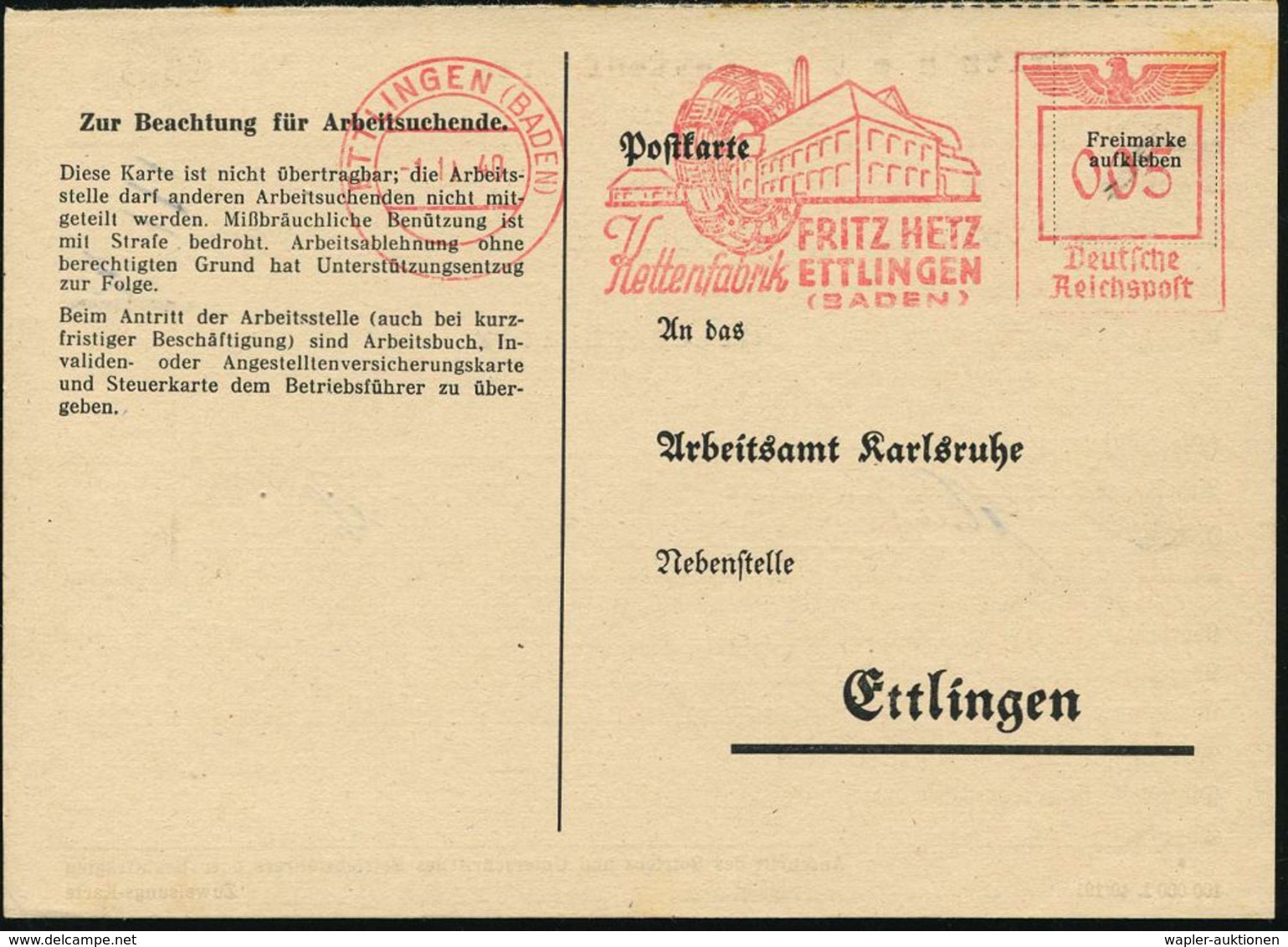 REIFEN & RÄDER : ETTLINGEN (BADEN)/ FRITZ HETZ/ Kettenfabrik.. 1940 (1.11.) Dekorat. AFS = Reifen Mit Schneekette (u. Fa - Automobili