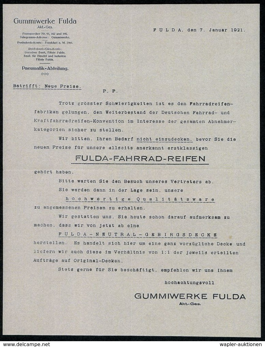 REIFEN & RÄDER : FULDA/ *g* 1921 (11.1.) 2K-Brücke Auf Rklame-Bf.: FULDA-PNEUMATIC + Inhalt! = Reklamebrief Für Fulda-Fa - Voitures