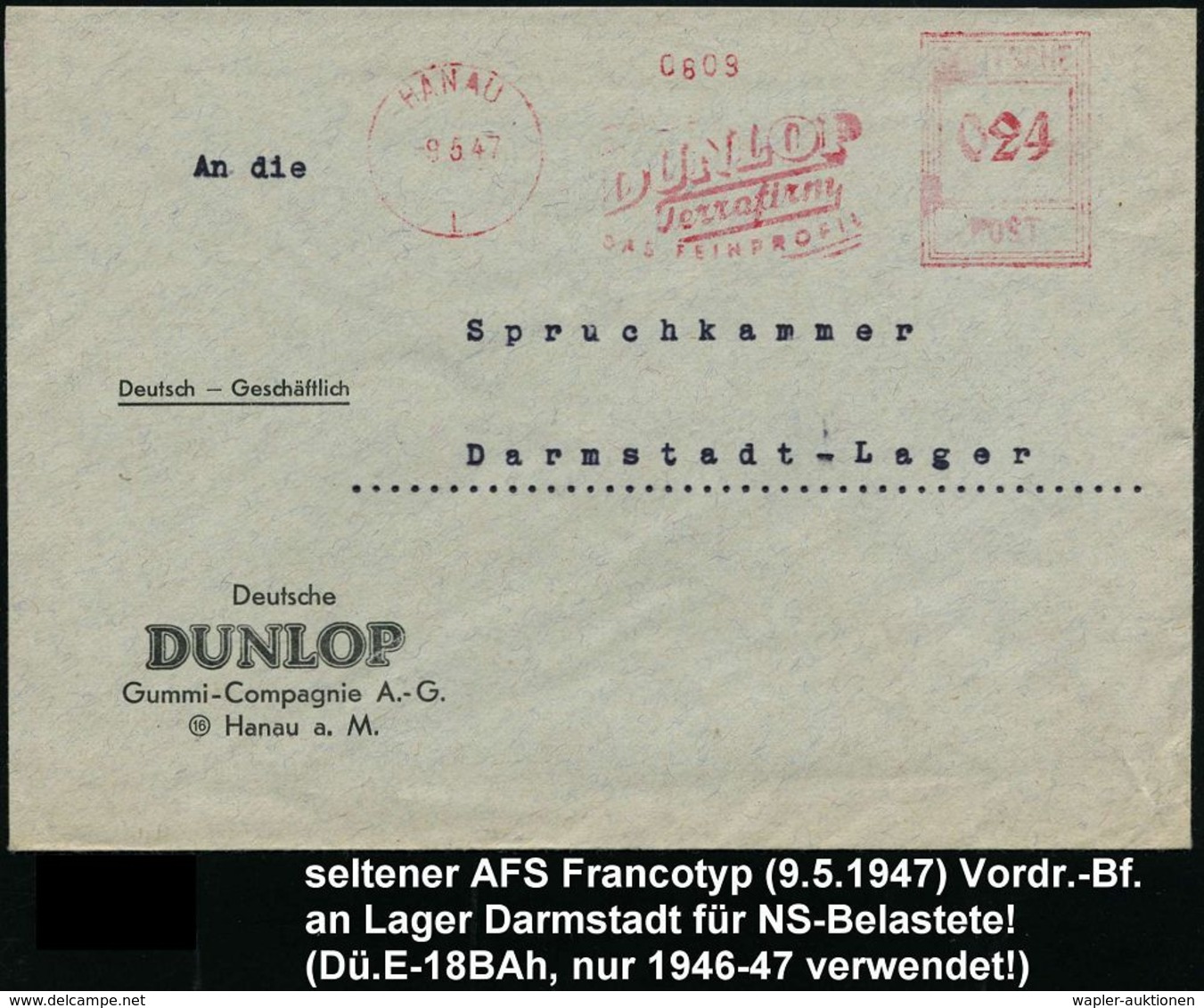 REIFEN & RÄDER : HANAU/ 1/ DUNLOP/ Terrafirm/ DAS FEINPROFIL 1947 (9.5.) Seltener AFS-Typ "Hochrechteck" Auf Firmen-Bf:  - Autos