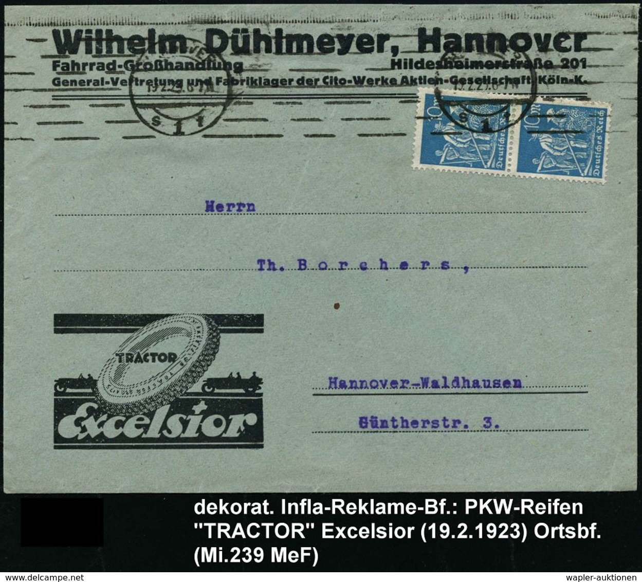 REIFEN & RÄDER : Hannover 1 1923 (14.2.) Reklame-Bf.: Excelsior TRACTOR, Wilhelm Dühlmeyer.. (Fahrrad-Großhandlung..Gene - Cars