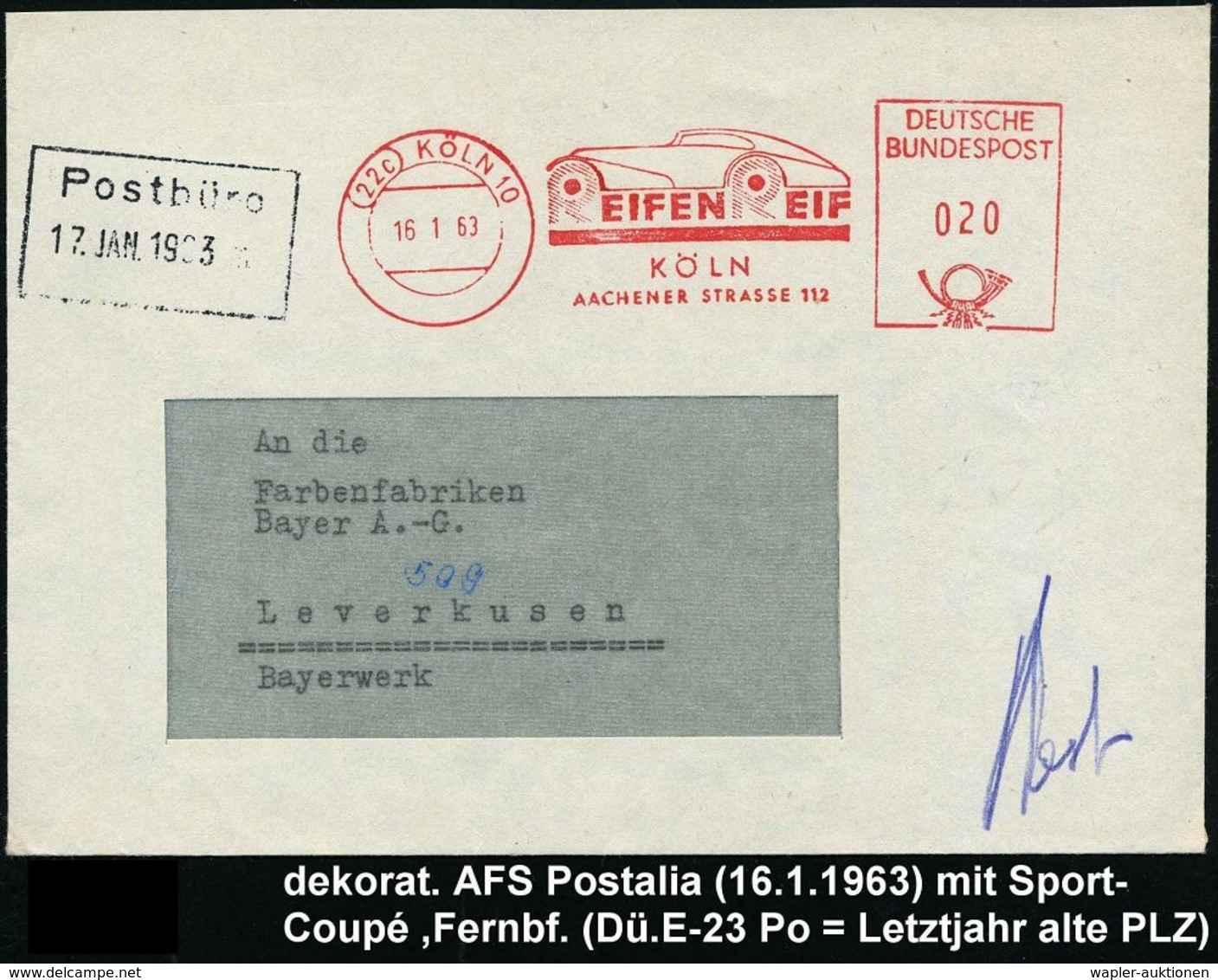 REIFEN & RÄDER : (22c) KÖLN 10/ REIFEN REIF.. 1963 (16.1.) Dekorat. AFS = Sportwagen , Fern-Bf. Klar!  (Dü.E-23B) - Automobili