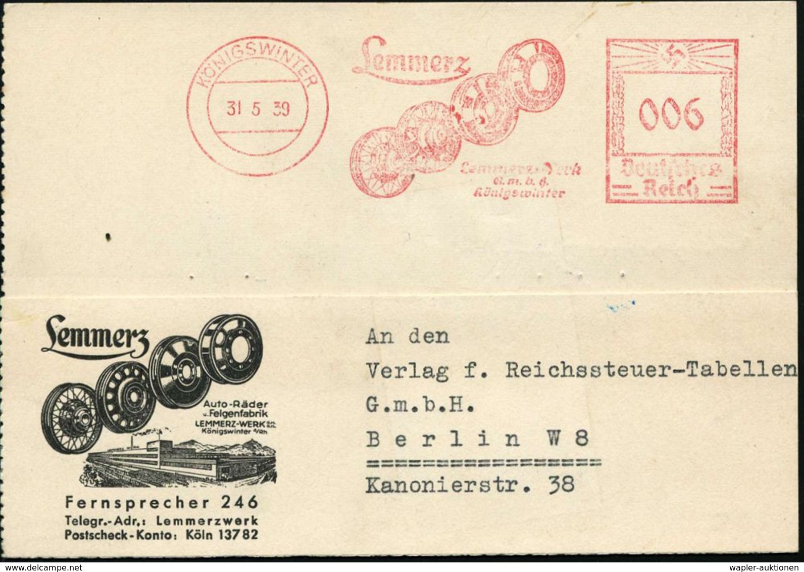 REIFEN & RÄDER : KÖNIGSWINTER/ Lemmerz.. 1939 (31.5.) Dekorat. AFS = 4 PKW- U. Sportwagen-Felgen , Sehr Dekorative, Moti - Voitures