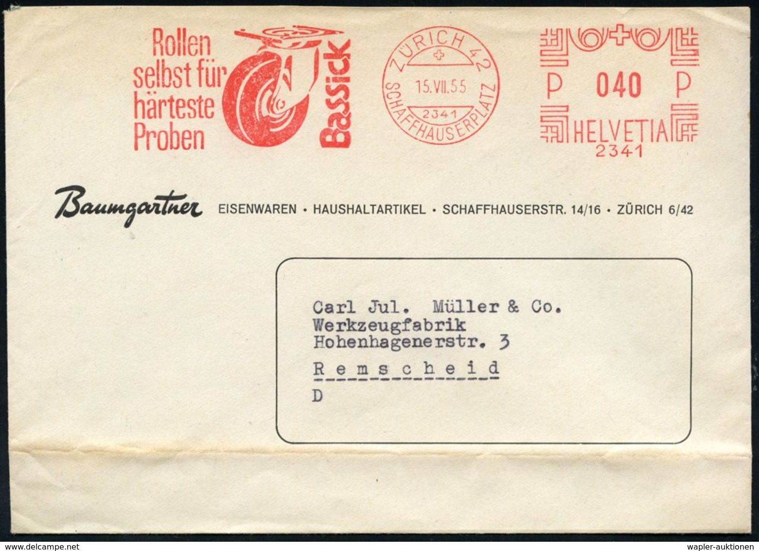 REIFEN & RÄDER : SCHWEIZ 1955 (15.7.) AFS.: ZÜRICH 42/..2341/Bassick/Rollen/selbst Für/härteste/Proben = Vollgummi-Rad ( - Autos