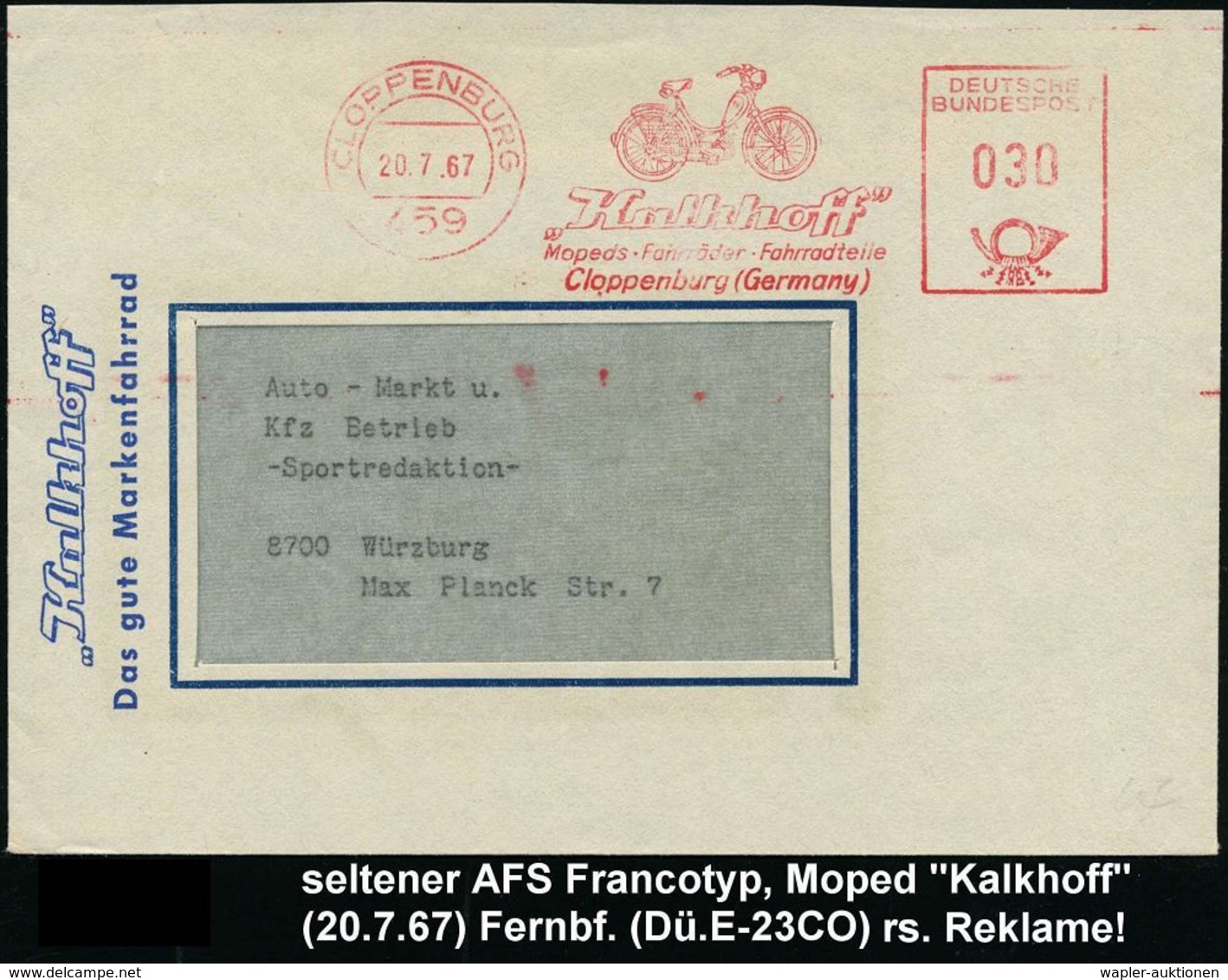 MOTORRAD & ZUBEHÖR : 459 CLOPPENBURG/ "Kalkhoff"/ Mopeds-Fahrräder-Fahrradteile 1967 (20.7.) AFS = Moped, Rs. Fahrrad-Re - Motorbikes