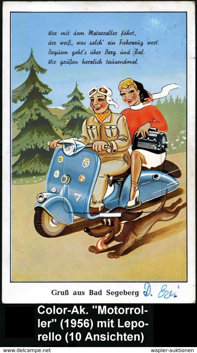 MOTORRAD & ZUBEHÖR : (24a) Grabau/ über Bad Segeberg 1956 (5.6.) Viol. Ra.2 = PSt.II Auf Color-Leporello-Motorroller-Ak. - Motorräder