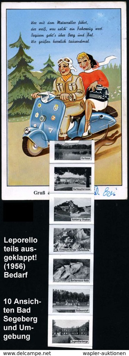 MOTORRAD & ZUBEHÖR : (24a) Grabau/ über Bad Segeberg 1956 (5.6.) Viol. Ra.2 = PSt.II Auf Color-Leporello-Motorroller-Ak. - Motorräder