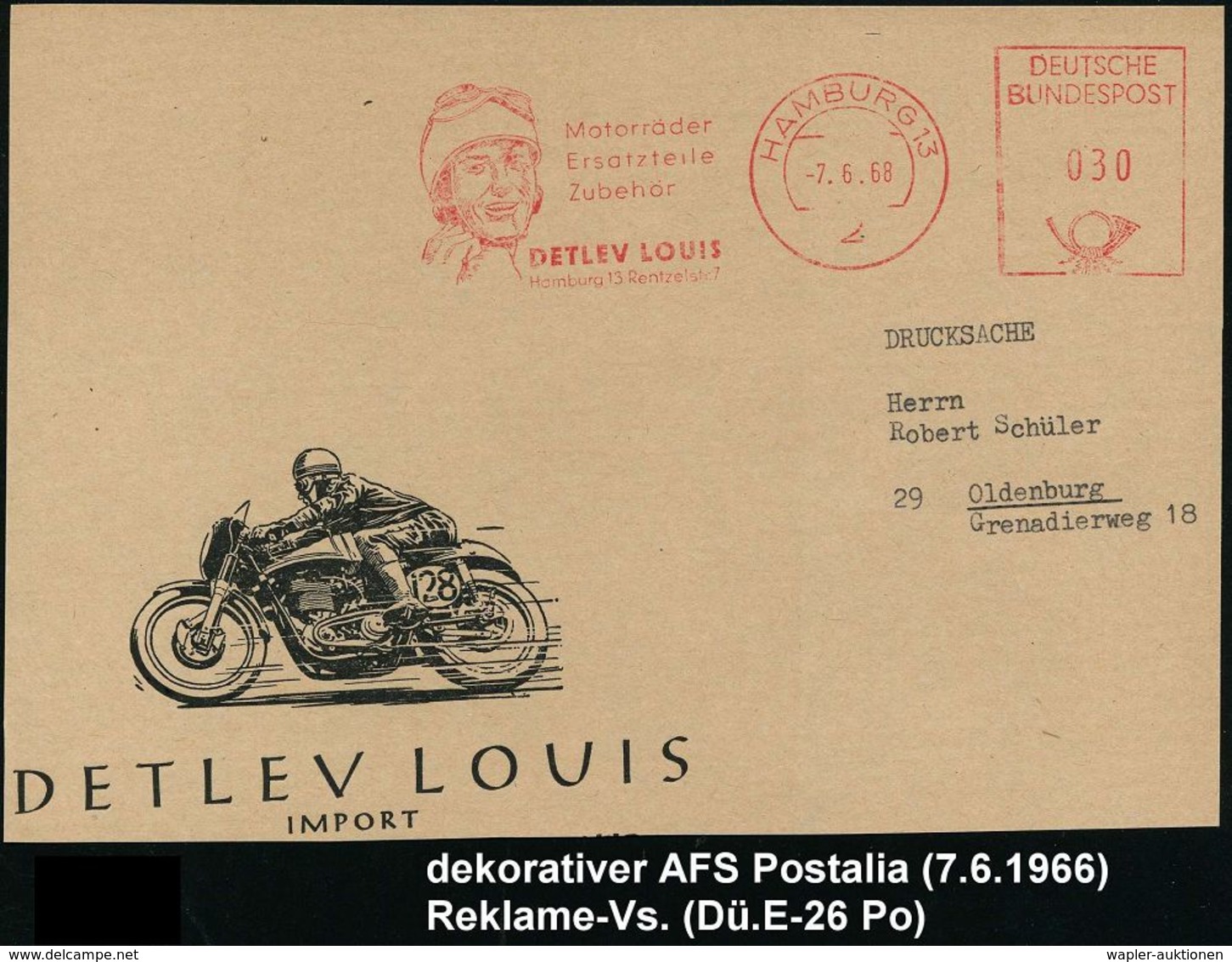MOTORRAD & ZUBEHÖR : 2 HAMBURG 13/ Motorräder/ Ersatzteile/ ..DETLEV LOUIS 1968 (7.6.) AFS (= Kopf Mit Motorrad-Helm U.  - Motorfietsen