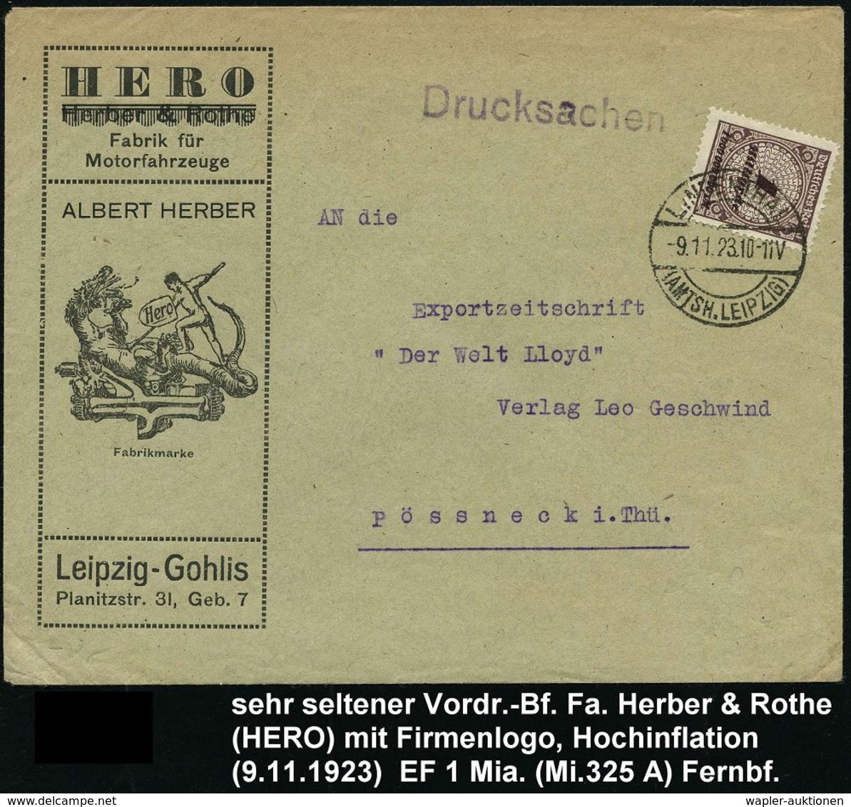 MOTORRAD & ZUBEHÖR : LINDENTHAL/ (AMTSH. LEIPZIG) 1923 (9.11.) 1K-Brücke Auf Infla EF 1 Mia. Gez. , Reklame-Bf: HERO, Fa - Motos