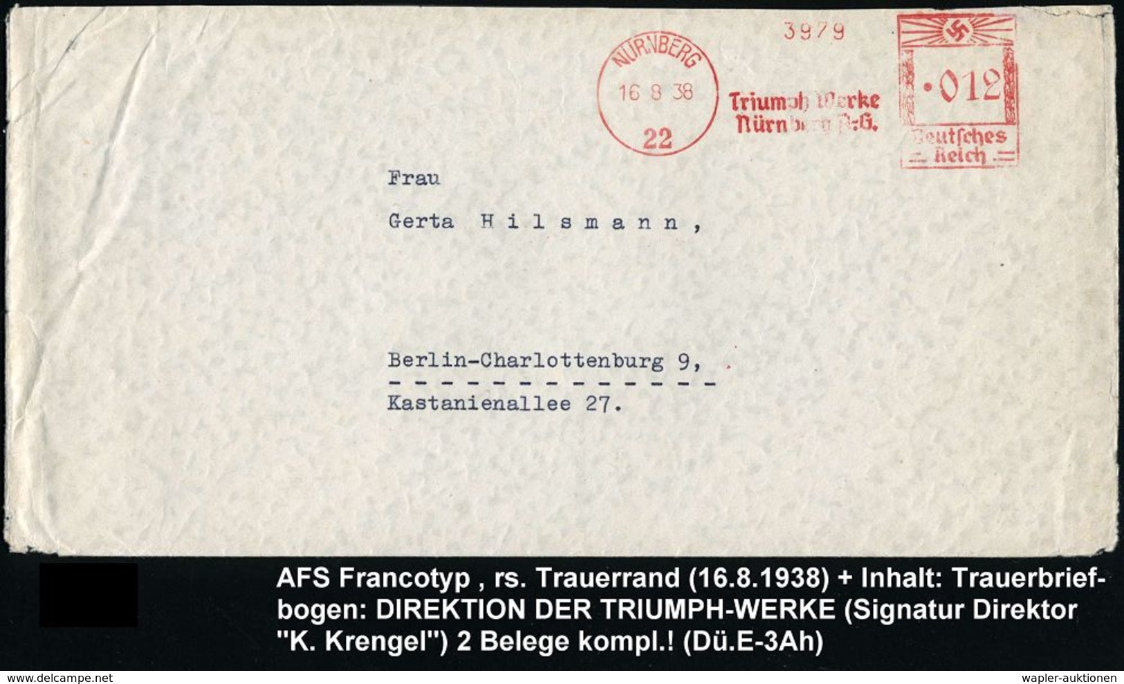 MOTORRAD & ZUBEHÖR : NÜRNBERG/ 22/ Triumph Werke/ Nürnberg A.-G. 1938 (16.8.) AFS Auf Trauer-Bf.: DIREKTION DER TRIUMPH  - Motorräder