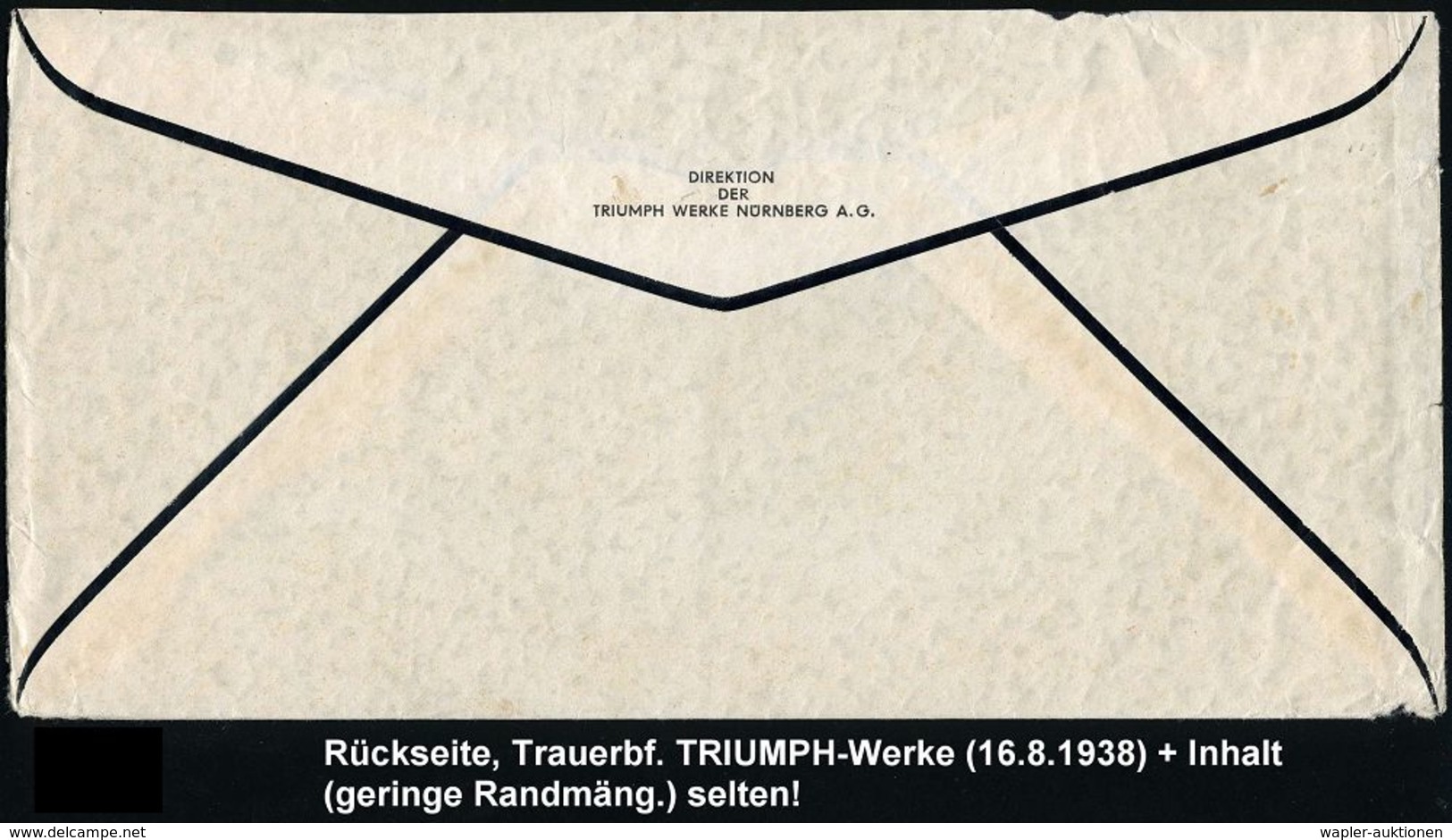 MOTORRAD & ZUBEHÖR : NÜRNBERG/ 22/ Triumph Werke/ Nürnberg A.-G. 1938 (16.8.) AFS Auf Trauer-Bf.: DIREKTION DER TRIUMPH  - Motorräder