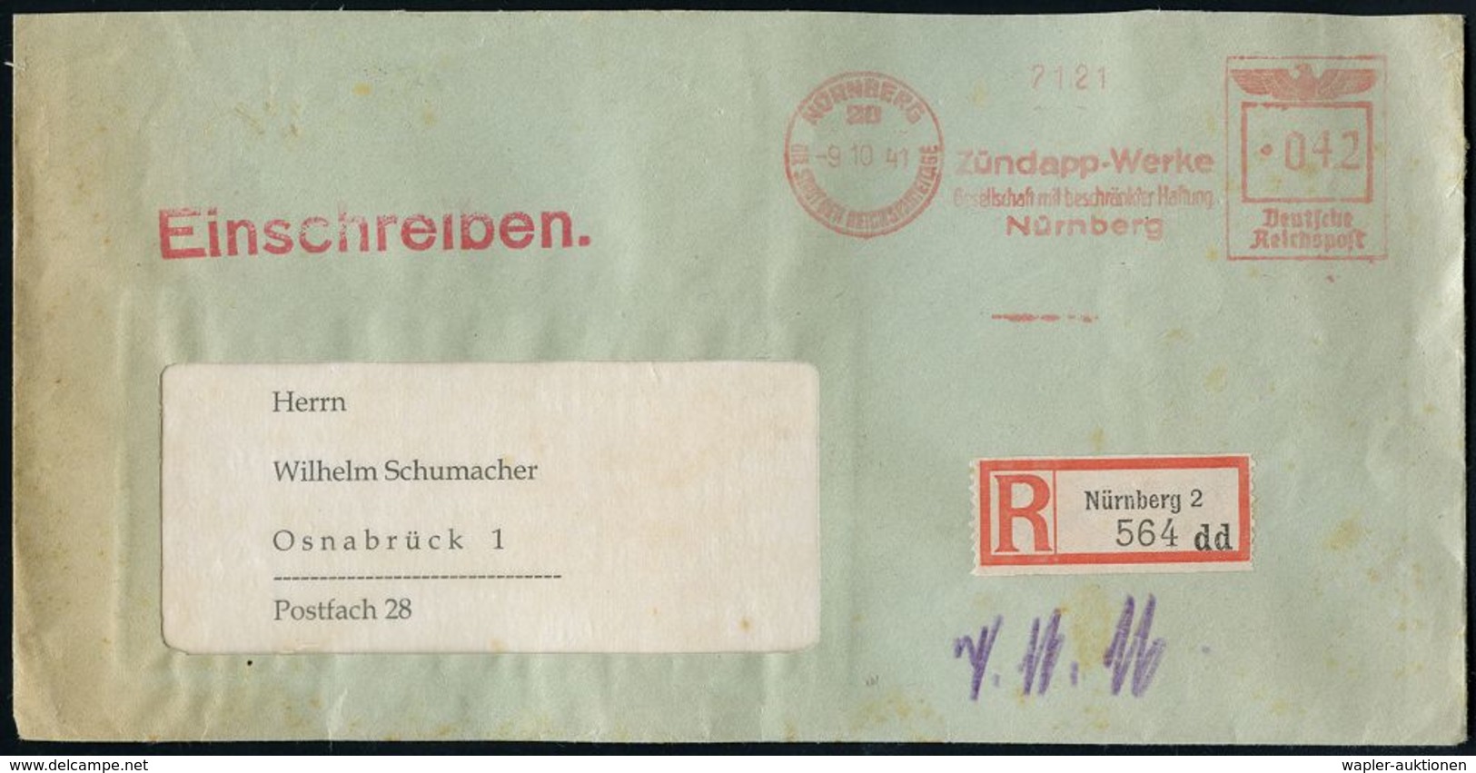MOTORRAD & ZUBEHÖR : NÜRNBERG/ 20/ DSDR/ Zündapp-Werke/ GmbH 1941 (9.10.) AFS 042 Pf. + Selbstbucher-RZ: Nürnberg 2/ D D - Motos