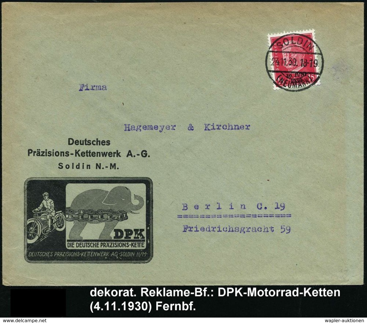 MOTORRAD & ZUBEHÖR : SOLDIN/ (NEUMARK) 1930 (24.11.) 1K-Brücke Auf Reklame-Bf: Deutsche Präzisions-Kettenwerk AG, DPK =  - Motorbikes