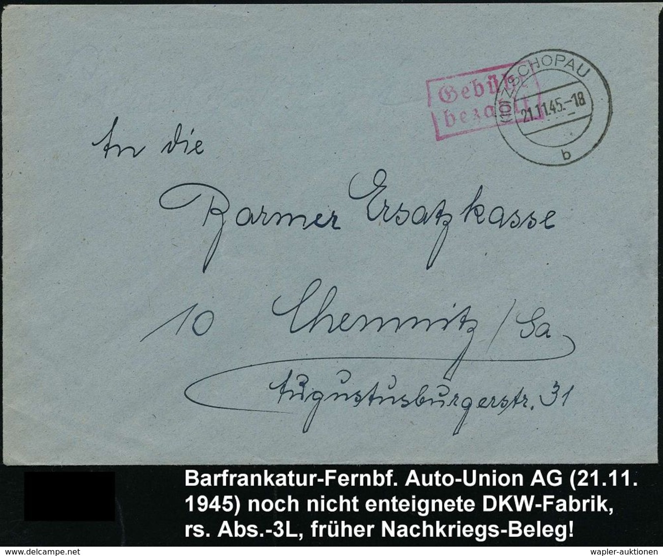 MOTORRAD & ZUBEHÖR : (10) ZSCHOPAU/ B 1945 (21.11.) 2K-Steg + Roter Ra2: Gebühr/bezahlt + Rs. Viol. Abs.-3L: Auto Union  - Moto