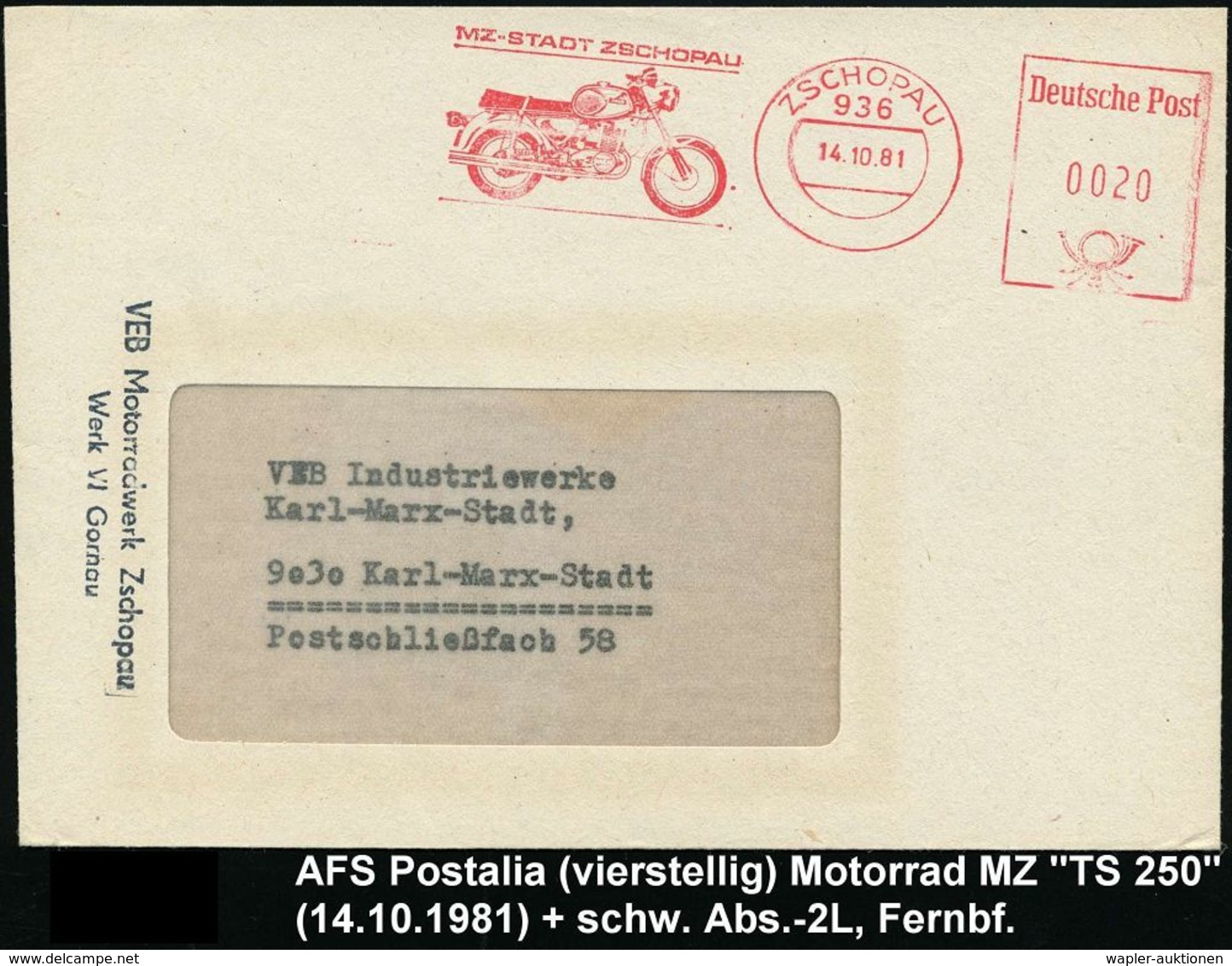 MOTORRAD & ZUBEHÖR : 936 ZSCHOPAU/ MZ-STADT ZSCHOPAU 1981 (14.10.) AFS Postalia, Vierstellig! = Motorrad Typ "MZ" , Abs. - Motos
