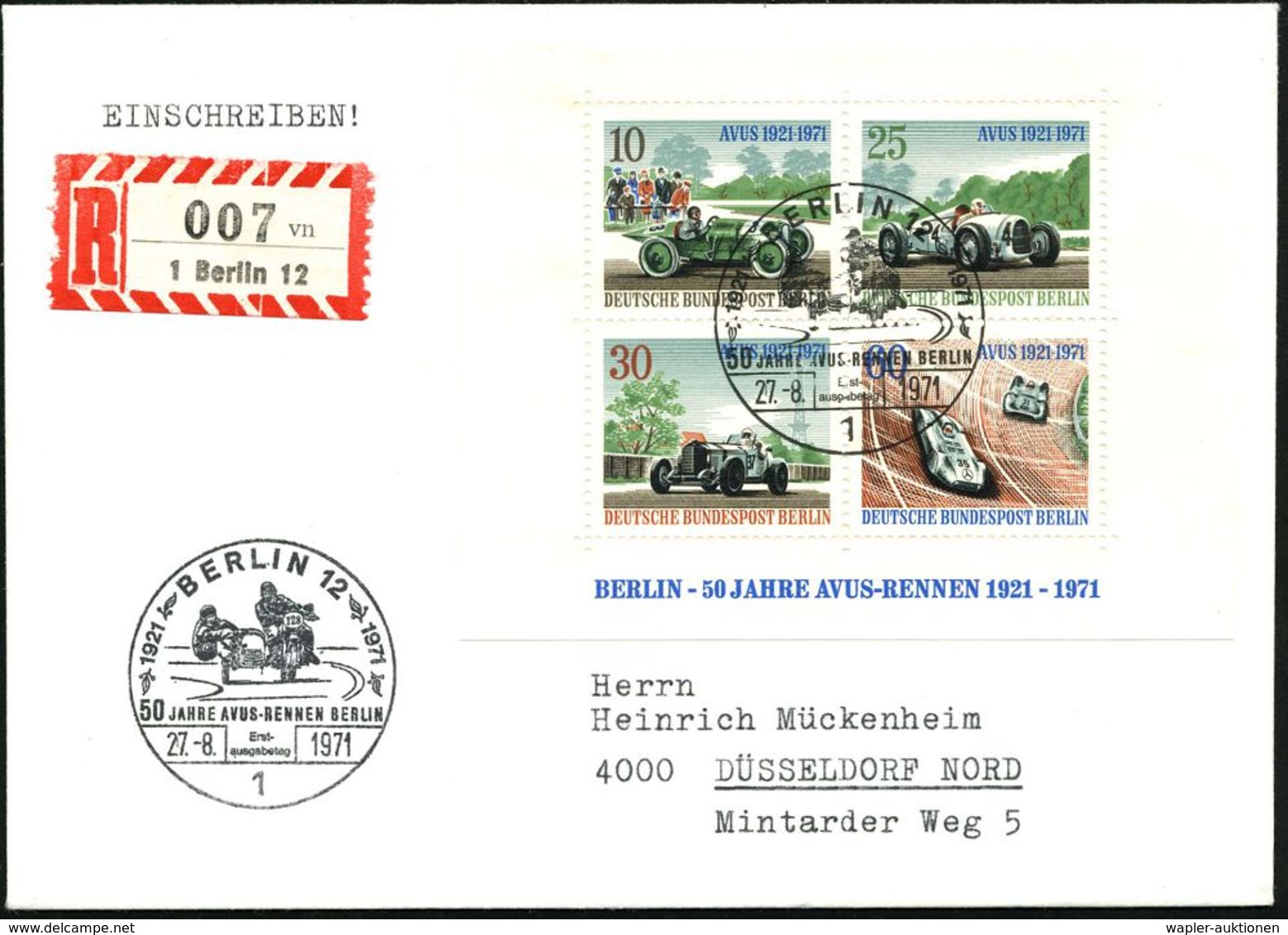 MOTORRAD & ZUBEHÖR : BERLIN 1971 (27.8.) SSt.: 1 BERLIN 12/50 JAHRE AVUS-RENNEN.. = Renn-Motorrad Mit Seitenwagen 2x Auf - Motos