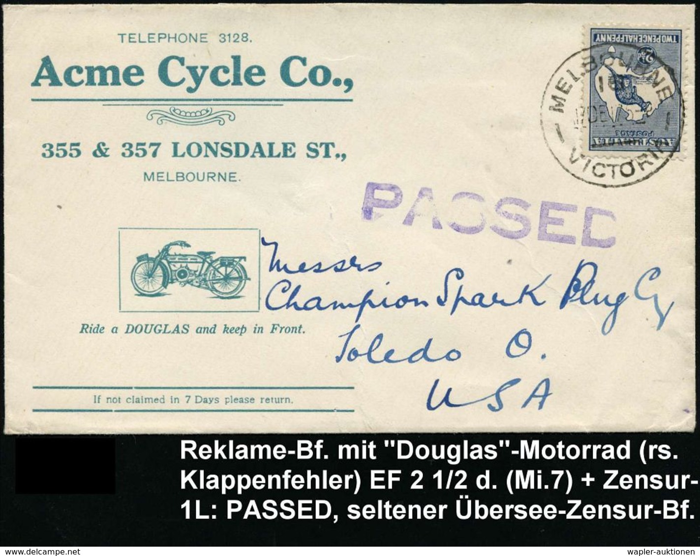 MOTORRAD & ZUBEHÖR : AUSTRALIEN 1917 (17.12.) Reklame-Bf.: Acme Cycle Co,/..MELBOURNE = Motorrad + Viol. Zensur-1L: PASS - Motorbikes