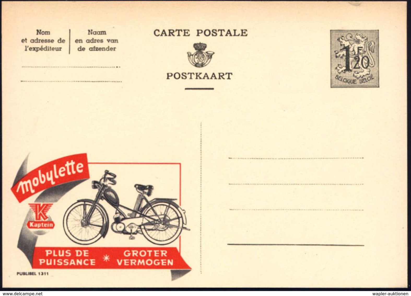 MOTORRAD & ZUBEHÖR : BELGIEN 1954 1,20F. Reklame-P Löwe, Oliv: Mobylette, Kaptein.. = Moped , Französ. Titel Oben, Ungeb - Motos