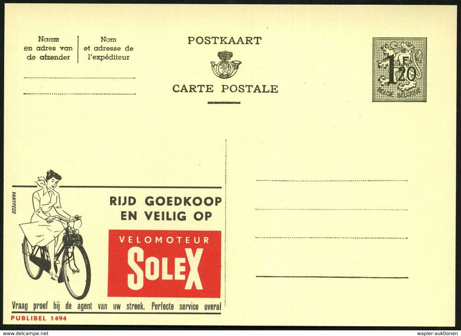 MOTORRAD & ZUBEHÖR : BELGIEN 1954 1,20F. Reklame-P Ziffer, Oliv: VELOMOTEUR SOLEX.. = Mofa "Velo-Solex" , Ungebr. (Mi.P  - Motorräder