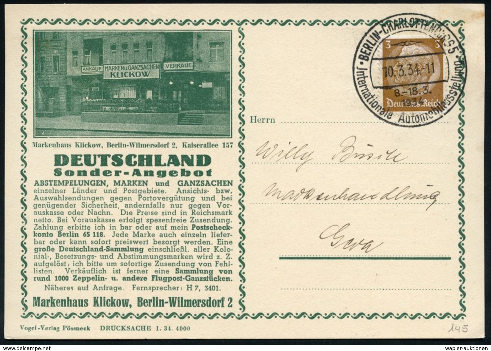 AUTO-, MOTORRAD-AUSSTELLUNGEN : BERLIN-CHARLOTTENBURG 5/ Jnternat.Automobilausst./ 8.-18.3. 1934 (8.3.) SSt Vom Eröffnun - Auto's