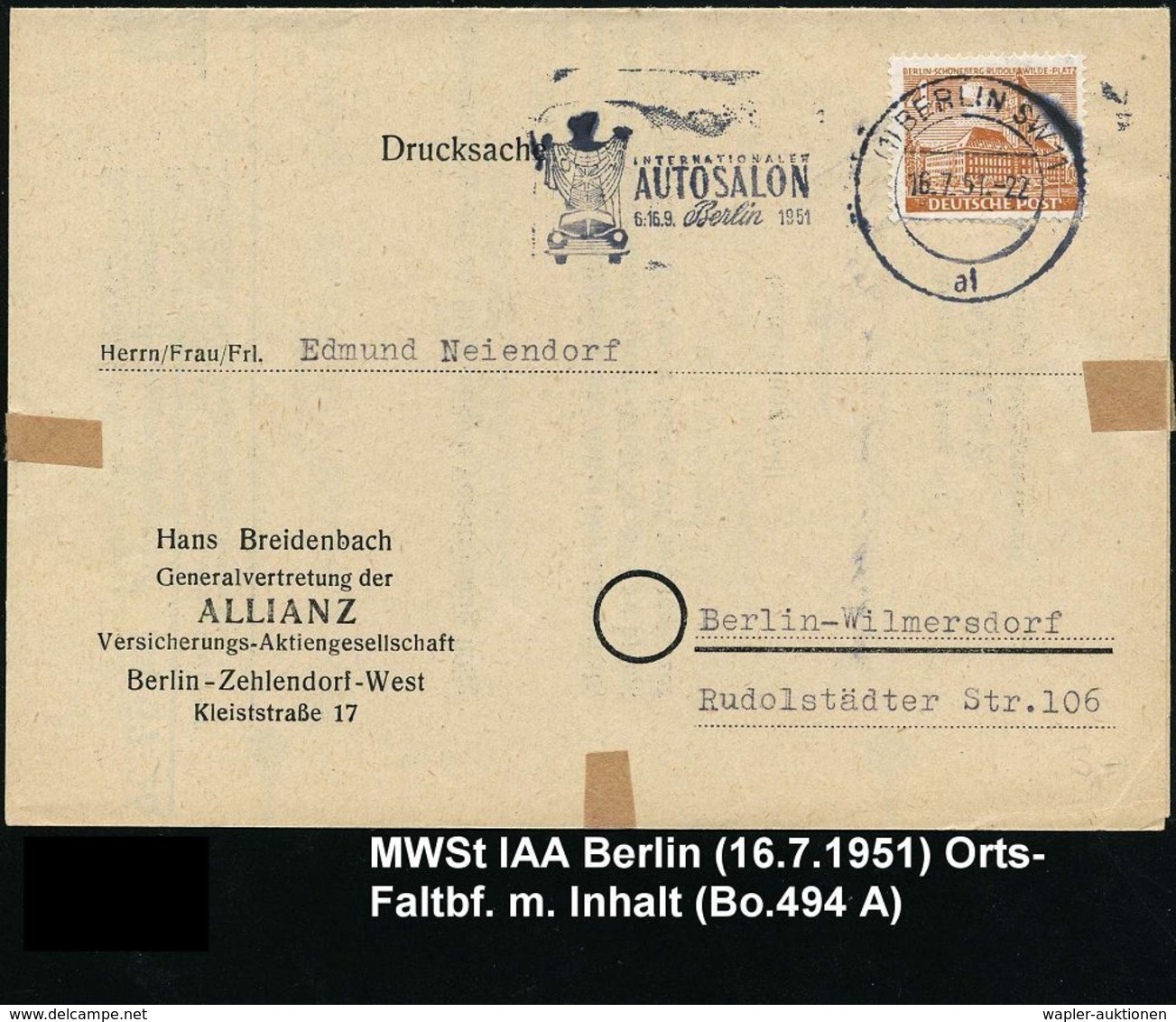 AUTO-, MOTORRAD-AUSSTELLUNGEN : (1) BERLIN SW 11/ Al/ INTERNAT./ AUTOSALON.. 1951 (Juli) MWSt = Bär Mit Flaggentuch Enth - Voitures