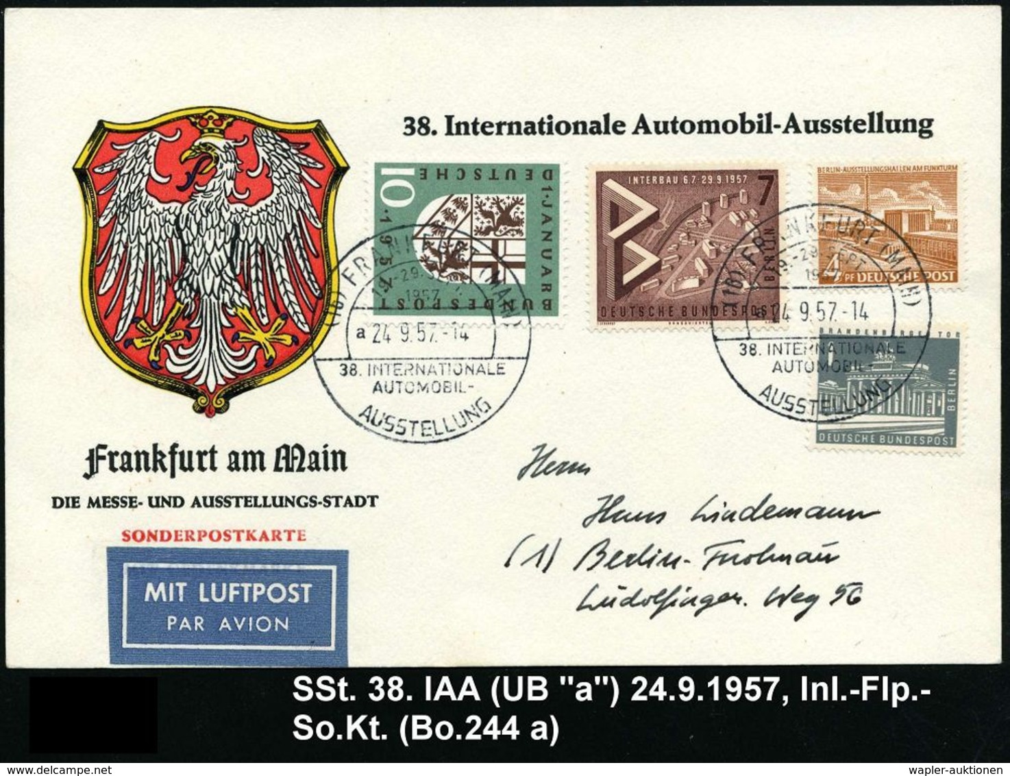 AUTO-, MOTORRAD-AUSSTELLUNGEN : (16) FRANKFURT(MAIN)/ A/ 38.INT./ AUTOMOBIL-/ AUSST. 1957 (24.9.) SSt 2x Auf Ausstellung - Automobili