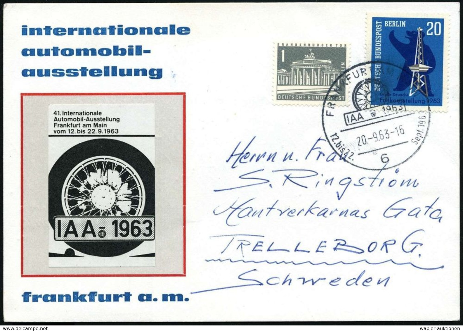 AUTO-, MOTORRAD-AUSSTELLUNGEN : 6 FRANKFURT AM MAIN 1/ IAA 1963.. 1963 (20.9.) SSt = Sportreifen U. IAA-Nrn.-Schild , Mo - Voitures