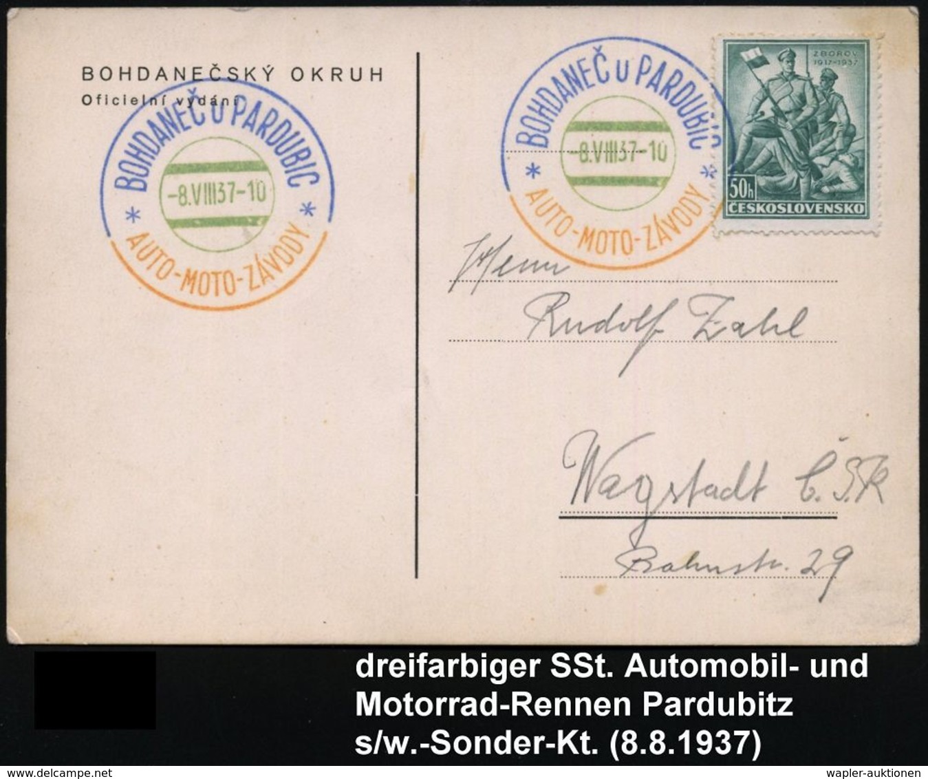 MOTORSPORT / MOTORSPORT-VERBÄNDE : TSCHECHOSLOWAKEI 1937 (8.8.) Dreifarbiger SSt: BOHDANEC U PARDUBICE/AUTO-MOTO-ZAVODY  - Cars