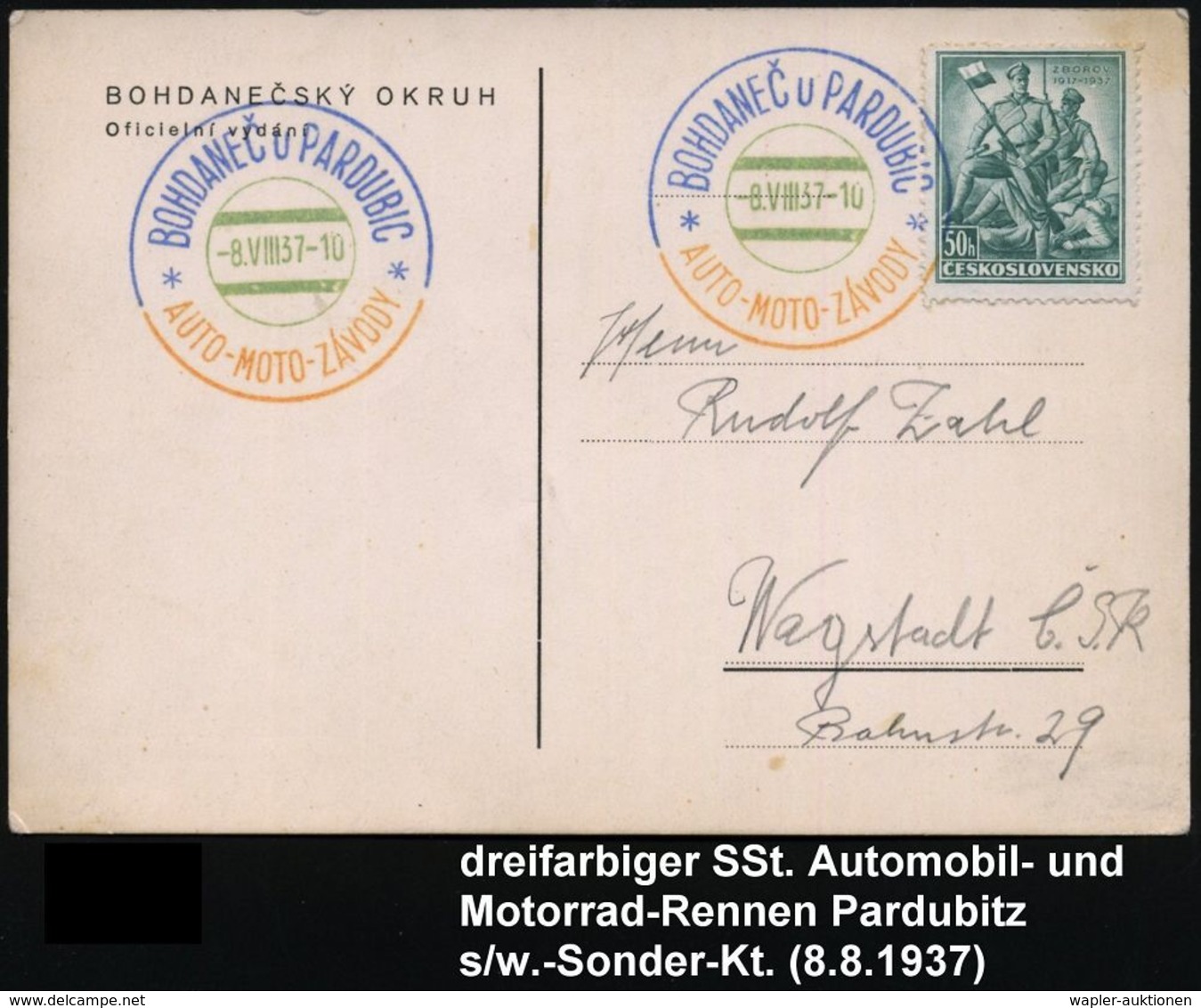 MOTORSPORT / MOTORSPORT-VERBÄNDE : TSCHECHOSLOWAKEI 1937 (8.8.) Dreifarbiger SSt: BOHDANEC U PARDUBICE/AUTO-MOTO-ZAVODY  - Automobile