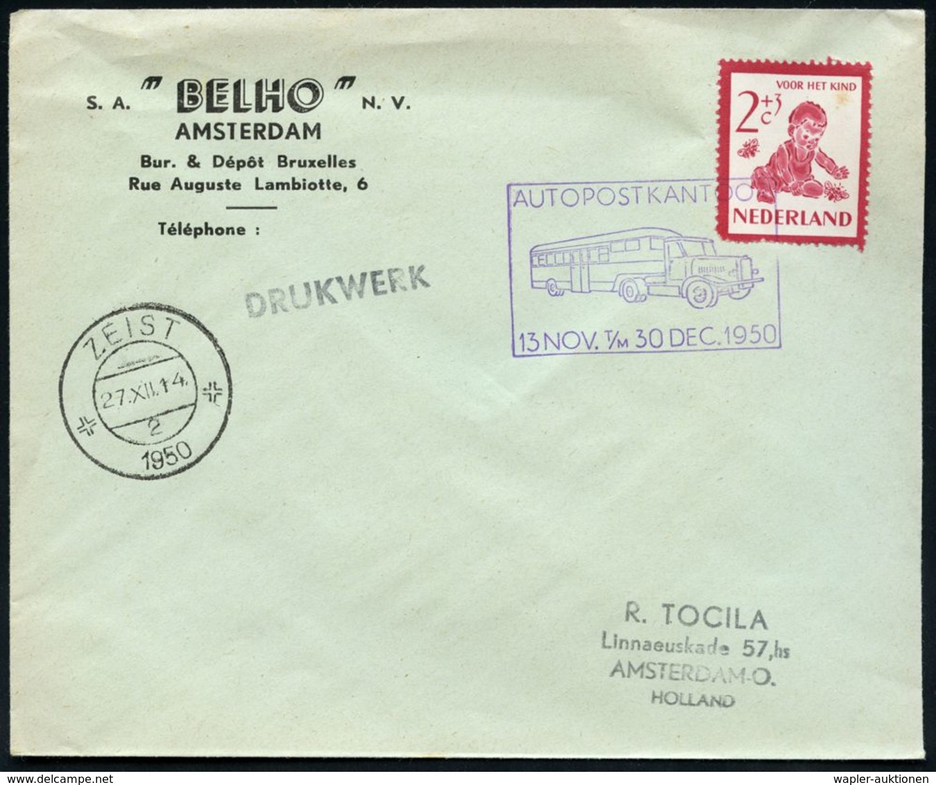 FAHRBARE & MOBILE POSTÄMTER : NIEDERLANDE 1950 Viol. Mobilpost-Sonderstempel: AUTOPOSTKANTOOR/13.NOV. T/M 30 DEC. 1950 = - Voitures