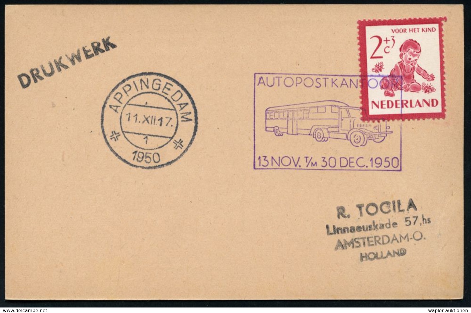 FAHRBARE & MOBILE POSTÄMTER : NIEDERLANDE 1950 Viol. Mobilpost-Sonderstempel: AUTOPOSTKANTOOR/13.NOV. T/M 30 DEC. 1950 = - Cars