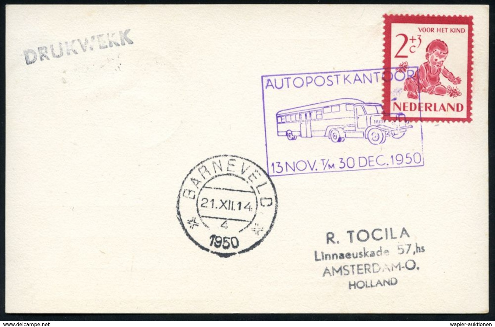 FAHRBARE & MOBILE POSTÄMTER : NIEDERLANDE 1950 viol. Mobilpost-Sonderstempel: AUTOPOSTKANTOOR/13.NOV. t/M 30 DEC. 1950 =